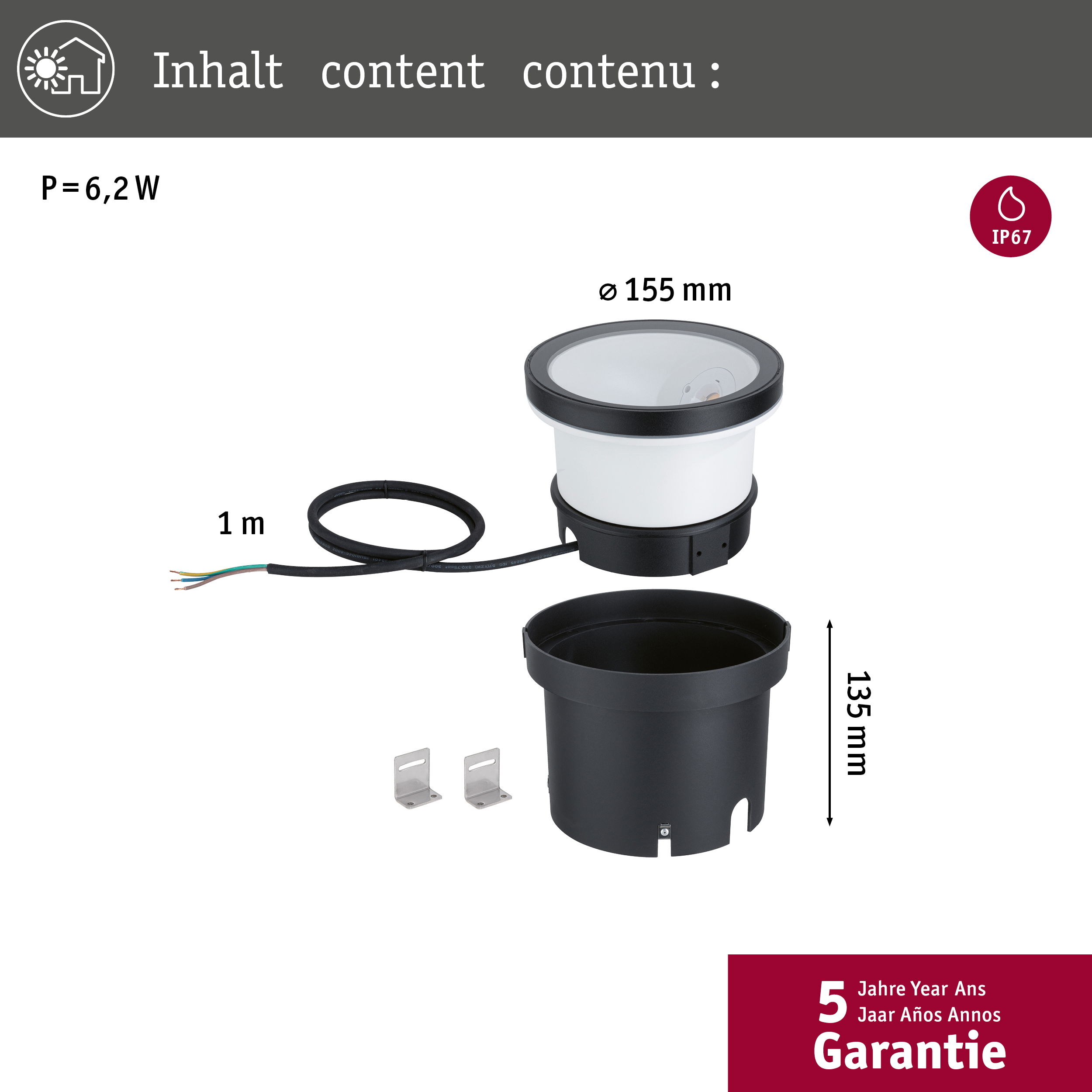 Gartenleuchte: 6,2W, Ø 155mm, 135mm hoch, IP67, 1m Kabel, Montagebügel.