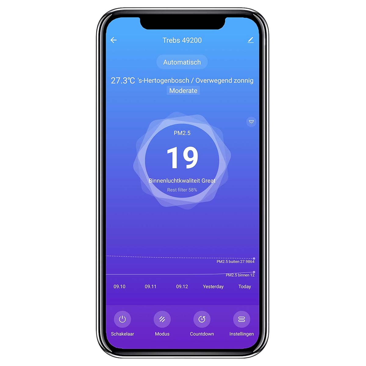 Smartphone-App zeigt Luftqualität: 19 PM2.5, 27.3°C, sonnig, Restfilter 58%.