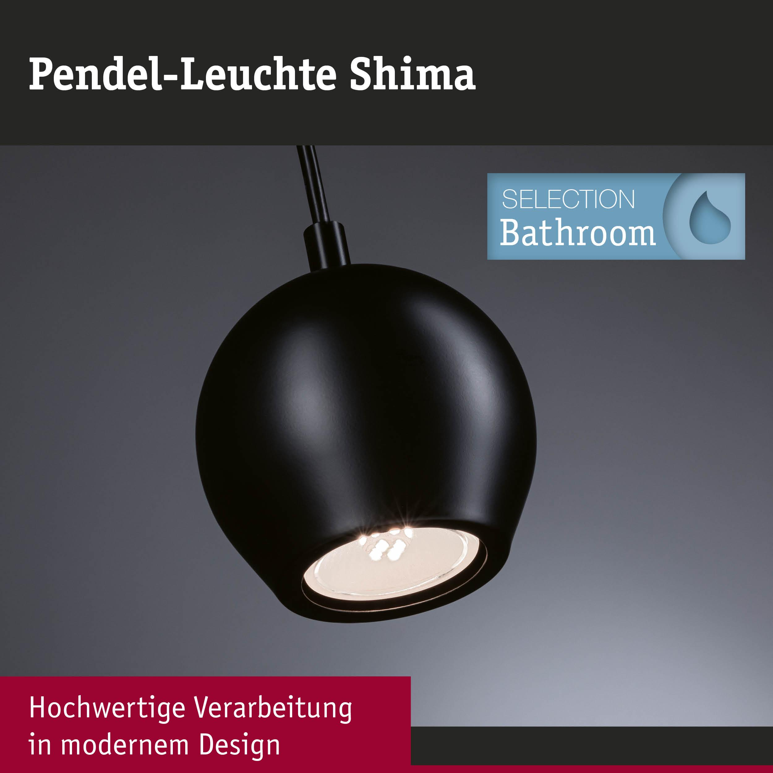 Eine schwarze Pendelleuchte mit rundem Kopf ist vor grauem Hintergrund abgebildet.