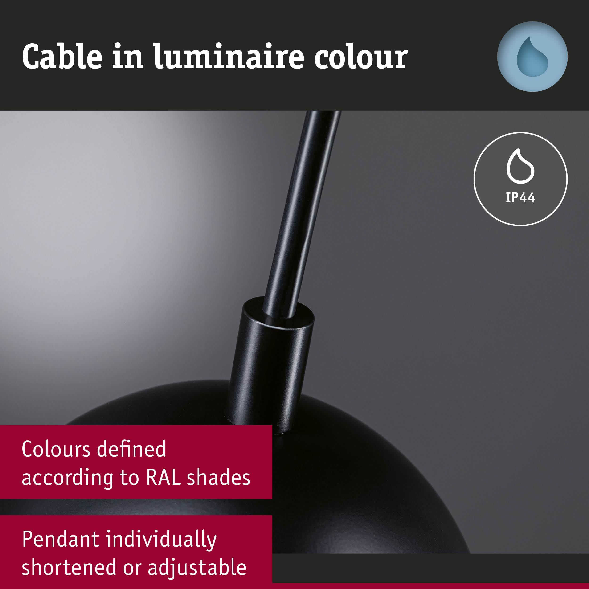 Schwarzes Pendelleuchte mit IP44-Schutz, RAL-Farben, verstellbar.