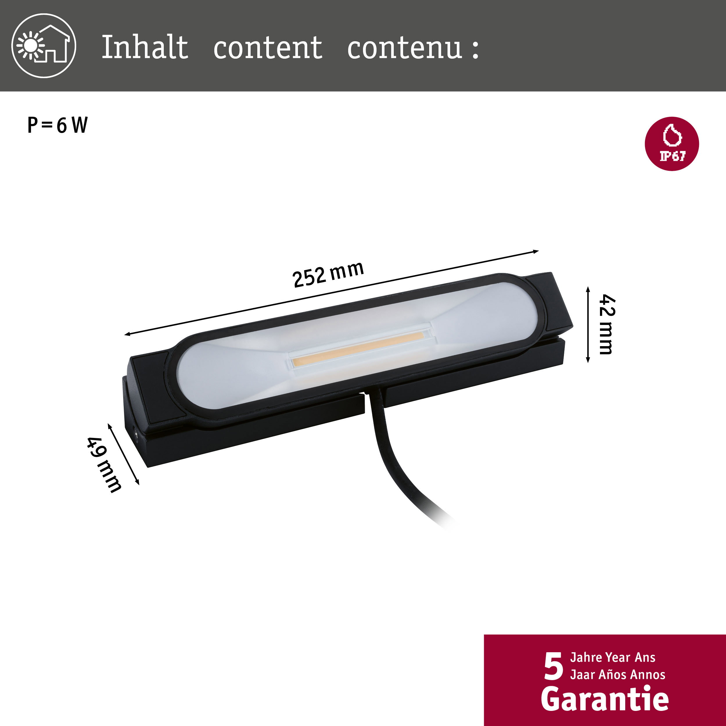 Czarna lampa LED 6W, 252x49x42mm, IP67. 5 lat gwarancji.