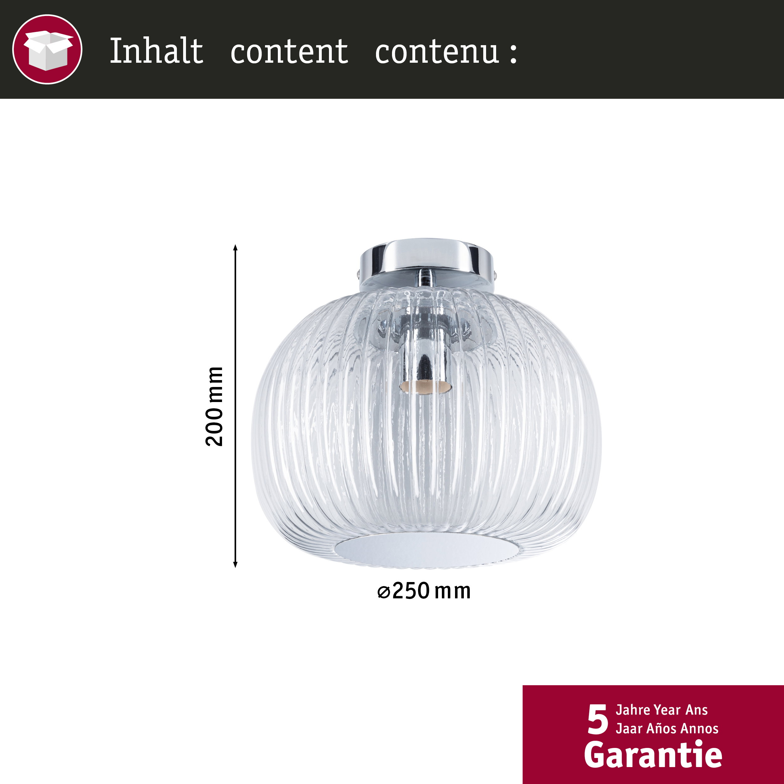 Szklana lampa z żebrami, wysokość 200mm, szerokość 250mm.