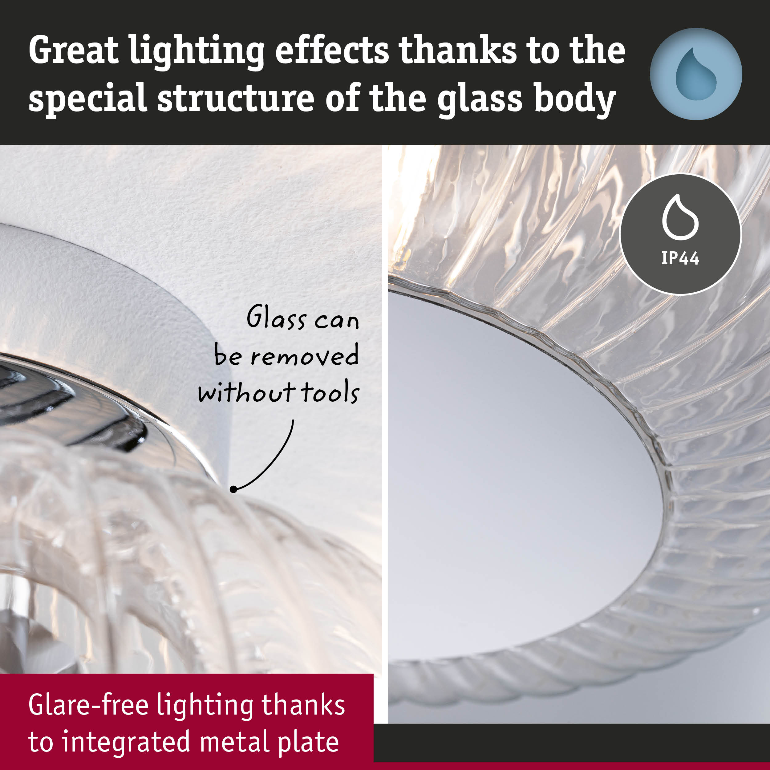 Zbliżenie oprawy oświetleniowej z prążkowanym szkłem i tekstem o oświetleniu bezodblaskowym.