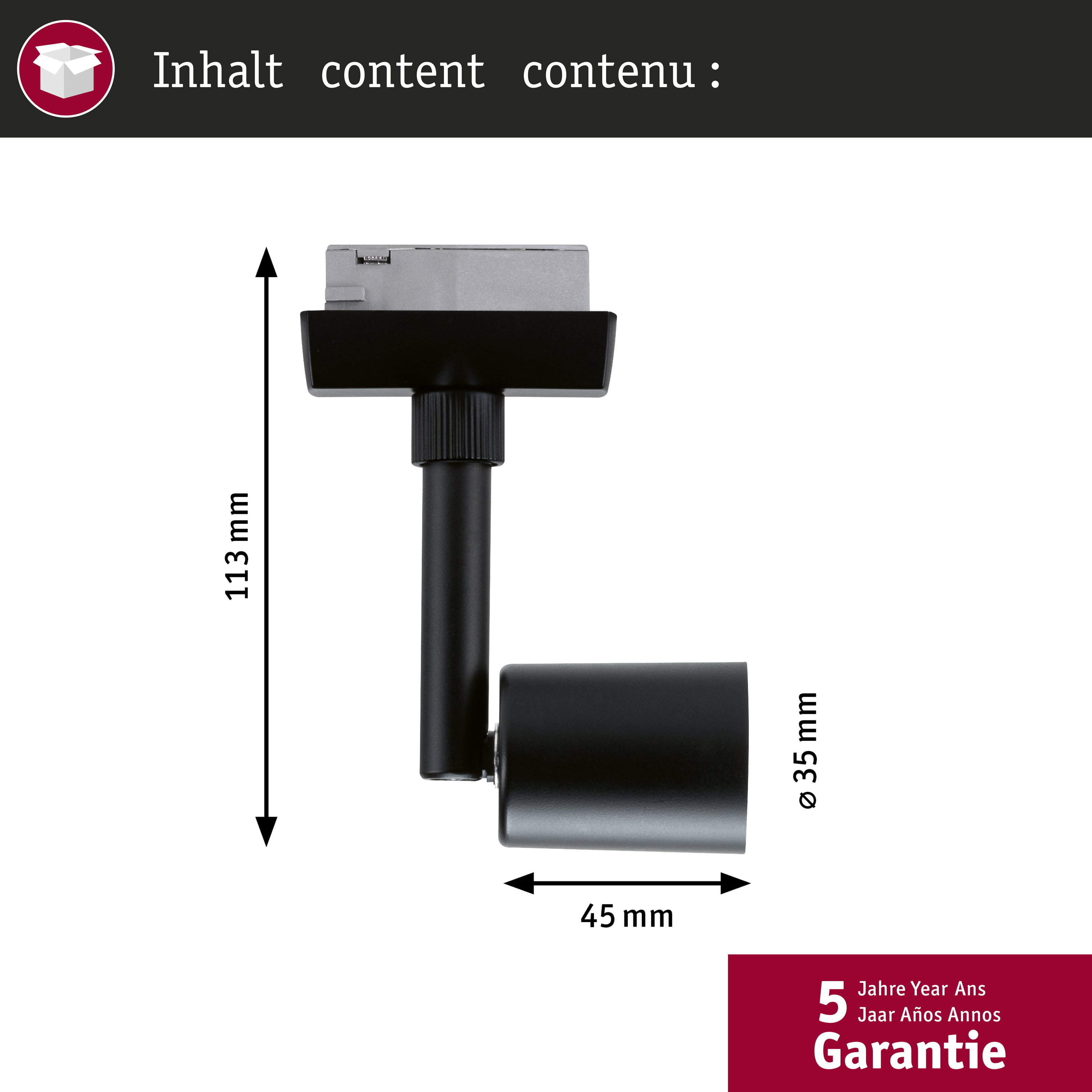 Czarna głowica lampy o wymiarach 113x45x35mm i 5-letniej gwarancji.