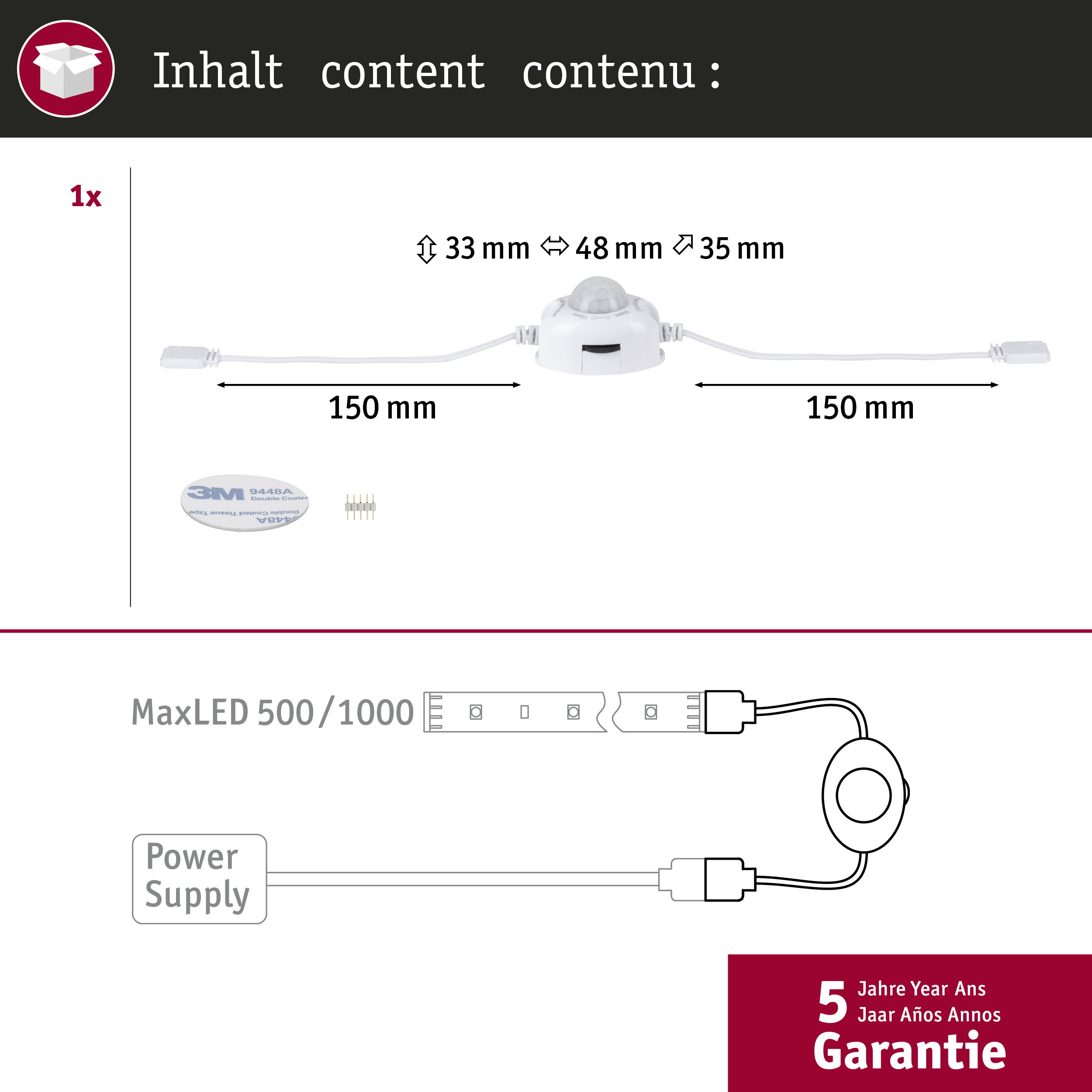 Ein weißer Bewegungsmelder mit 150 mm Kabeln, Maße und Zubehör. 5 Jahre Garantie.