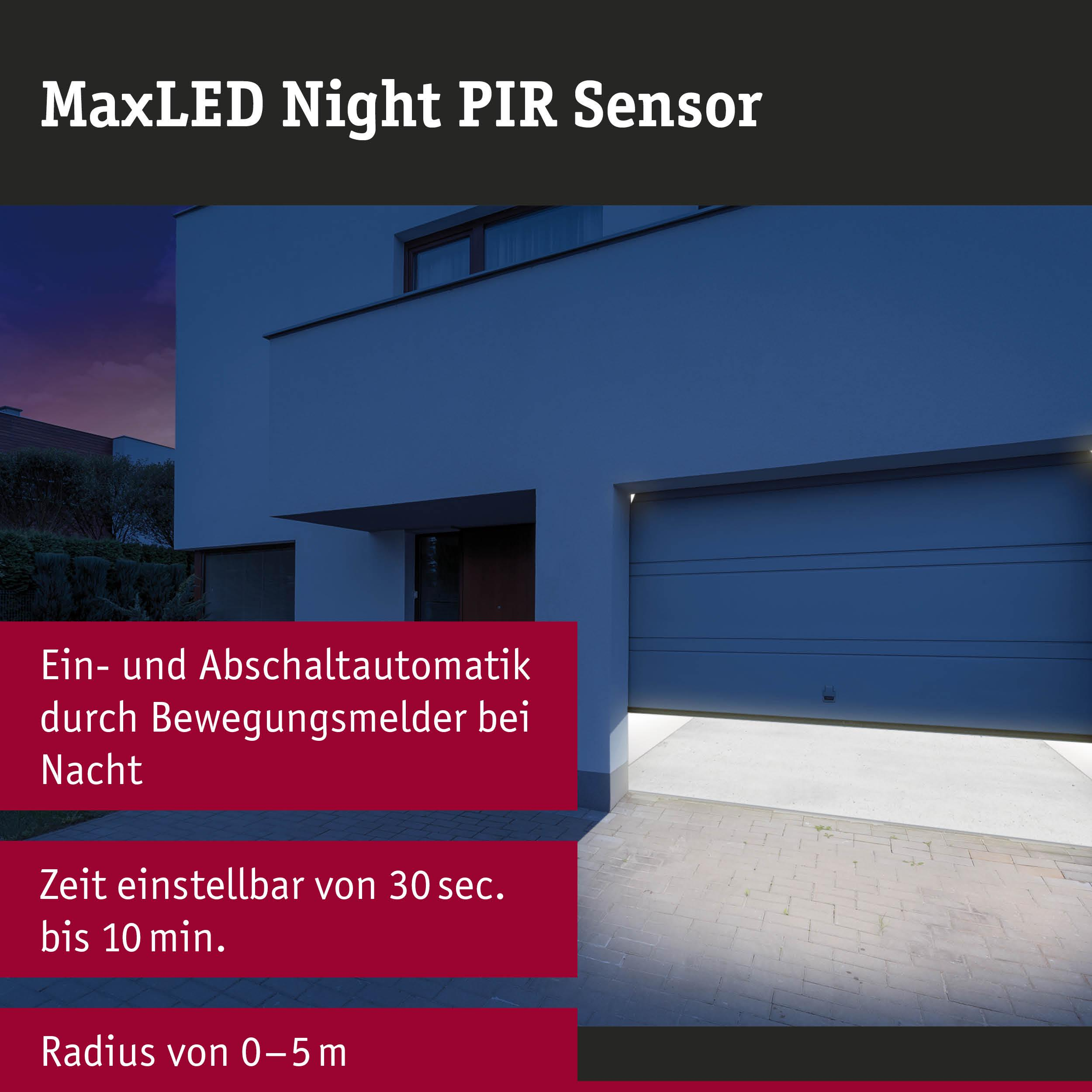 MaxLED Nacht PIR Sensor: Ein-/Abschaltautomatik, Zeit 30s-10min, Radius 0-5m.