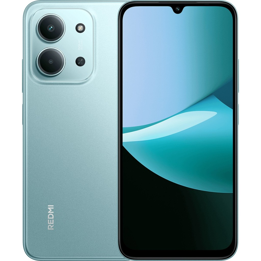 Arkada iki kamerası ve REDMI logosu bulunan açık yeşil bir akıllı telefon.