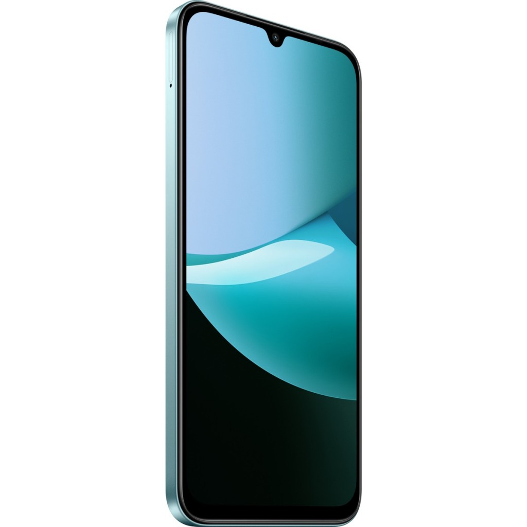 Soyut grafiklere sahip, damla ekranlı açık yeşil bir akıllı telefon.