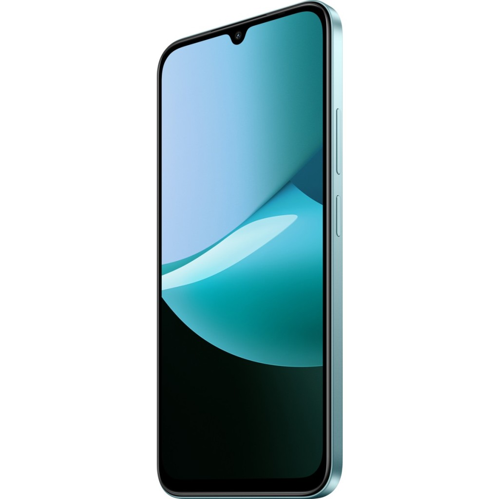Çentikli, mavi ve turkuaz duvar kağıtlı, turkuaz bir akıllı telefon.