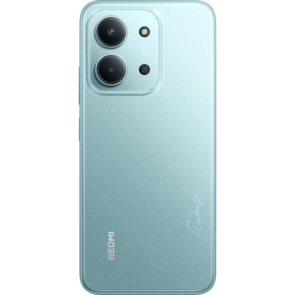 Çift kameralı ve Redmi logolu turkuaz akıllı telefonun arkası.