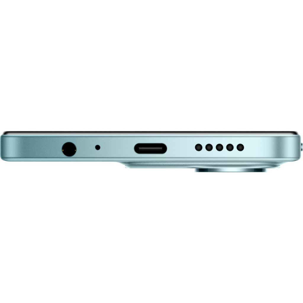USB-C bağlantı noktası, kulaklık jakı ve hoparlörleri gösteren açık mavi bir akıllı telefonun alt kenarı.