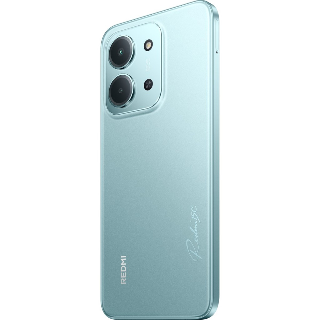 Arkada iki kamerası ve Redmi markası bulunan açık mavi bir akıllı telefon.