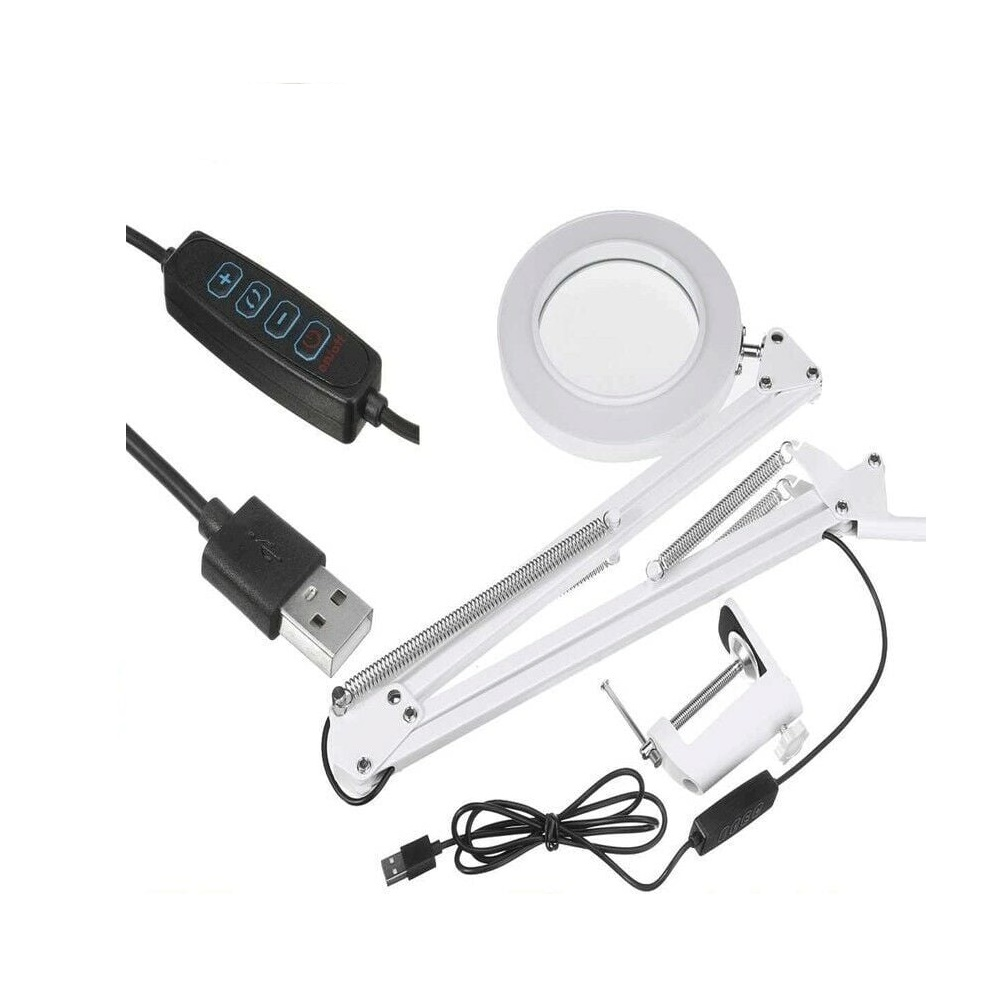 Büyüteçli beyaz ayarlanabilir lamba, USB kablosu ve dimmer.