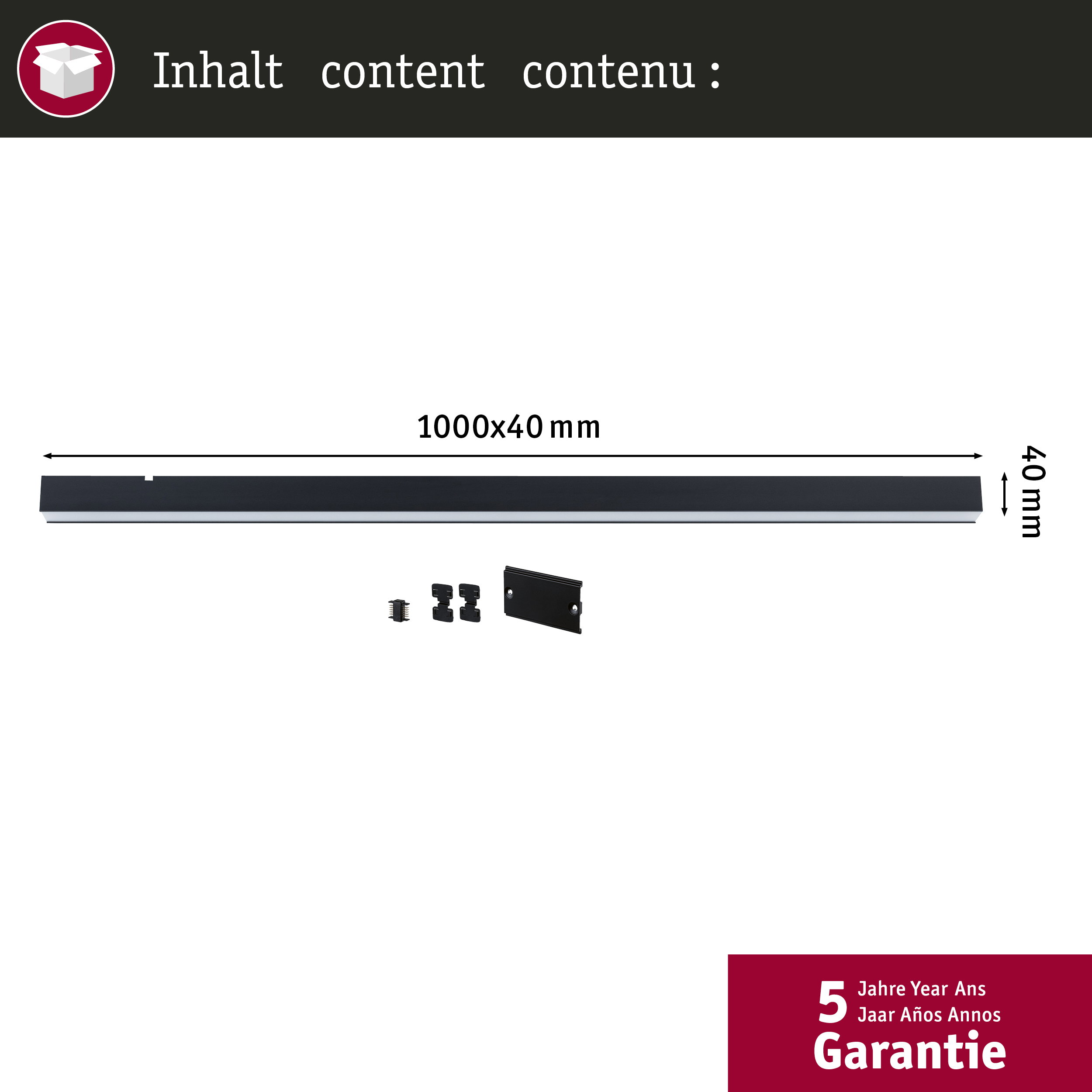 Dunkler 1000x40mm Balken mit Montagezubehör und 5 Jahre Garantie.