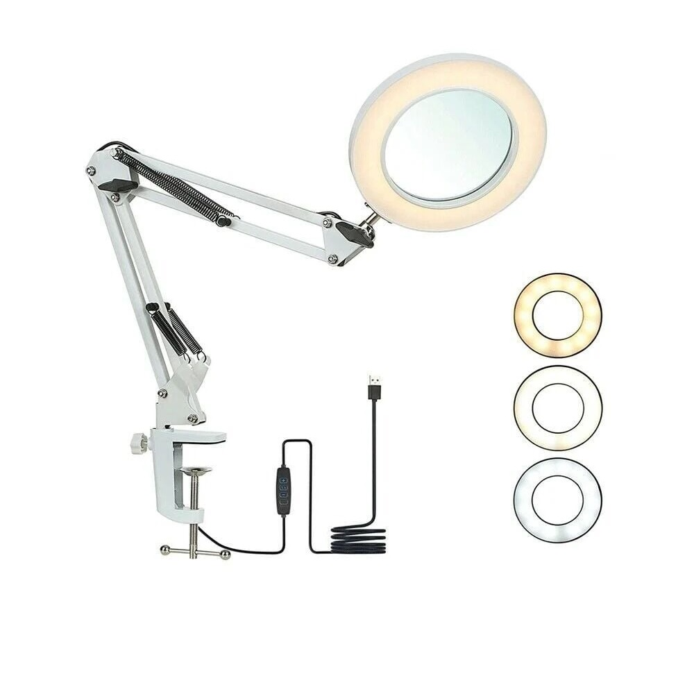 Büyüteçli ve LED halka ışıklı beyaz ayarlanabilir kollu masa lambası.