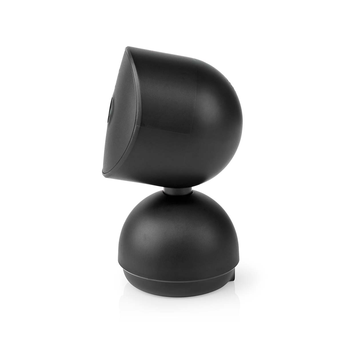 Czarny, obrotowy głośnik z okrągłą podstawą i przegubem kulowym.