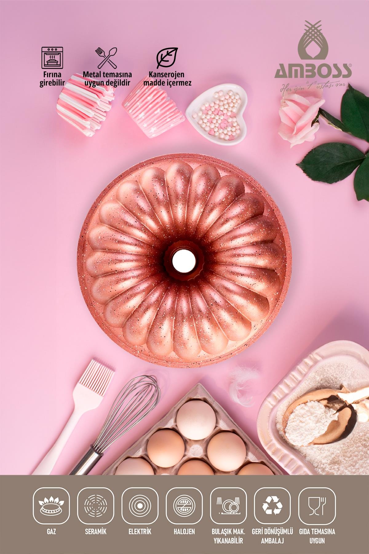 AMBOSS Alya Döküm Yanmaz Yapışmaz 26 CM Kek Kalıbı Pembe