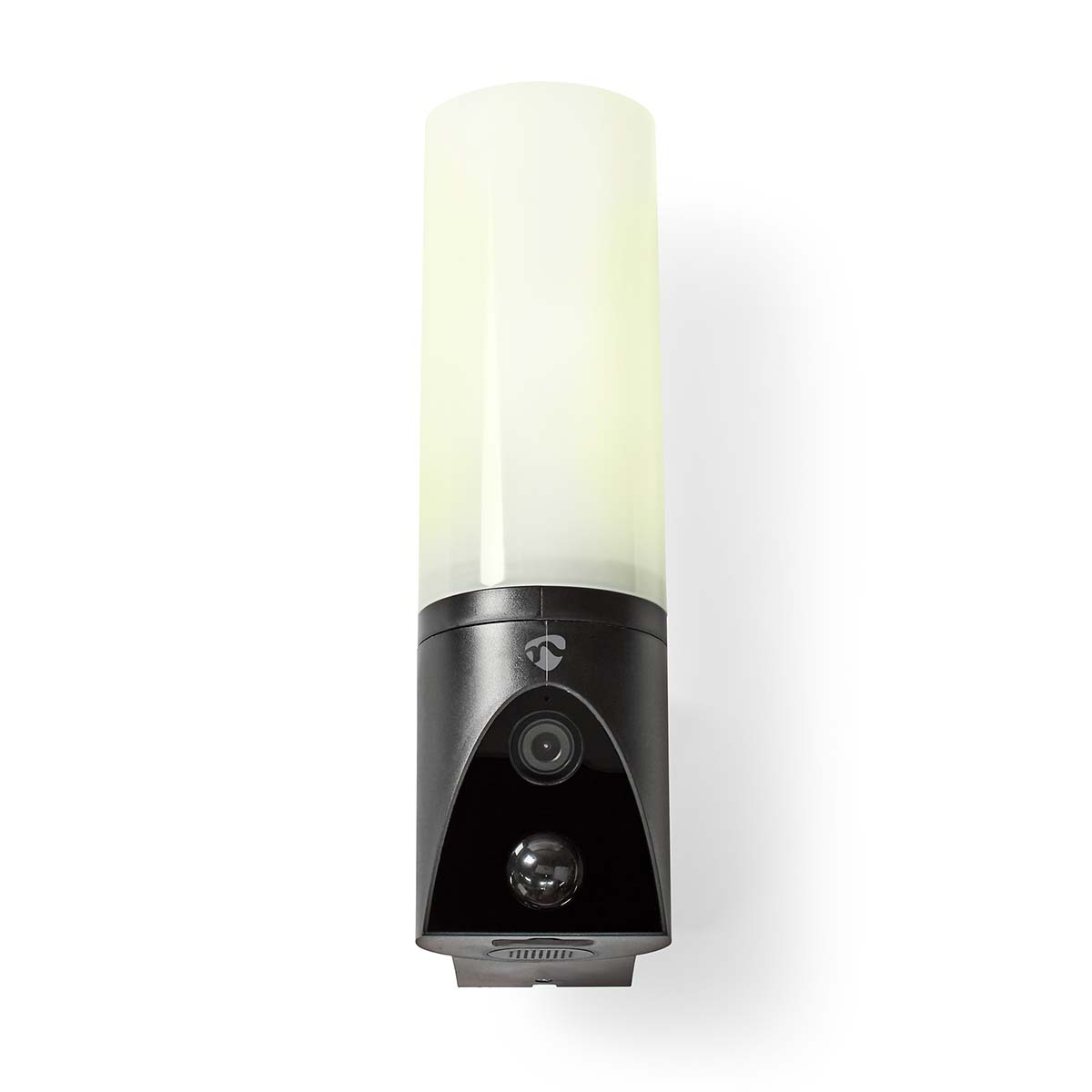 Czarna kamera bezpieczeństwa ze światłem i logo na białym tle.