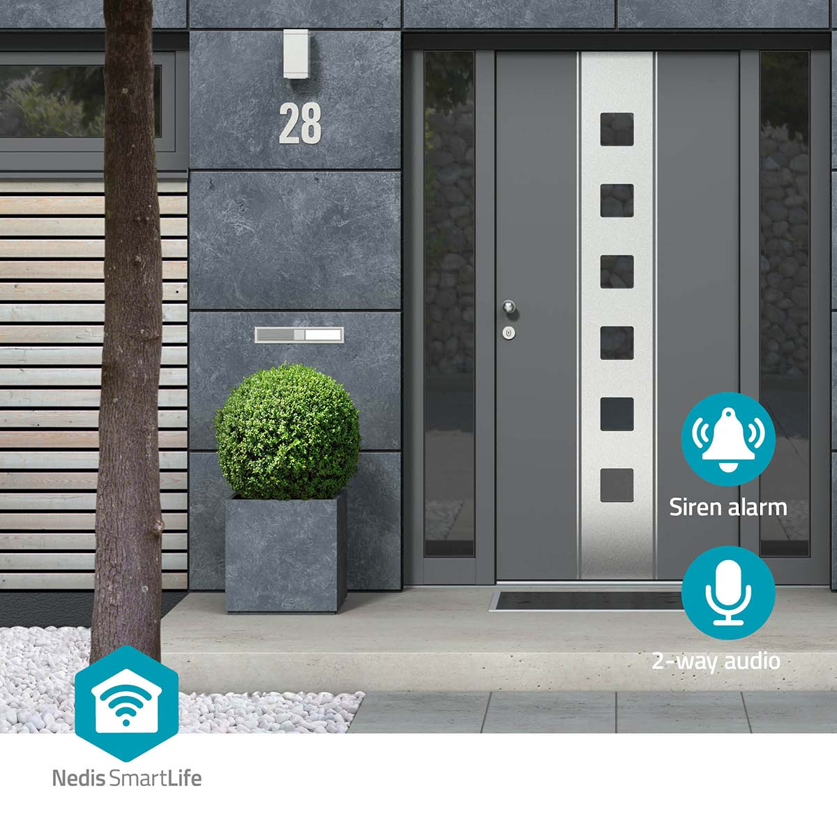 Nowoczesne drzwi wejściowe z numerem 28, skrzynką na listy, zielonym krzewem i ikonami smart home.