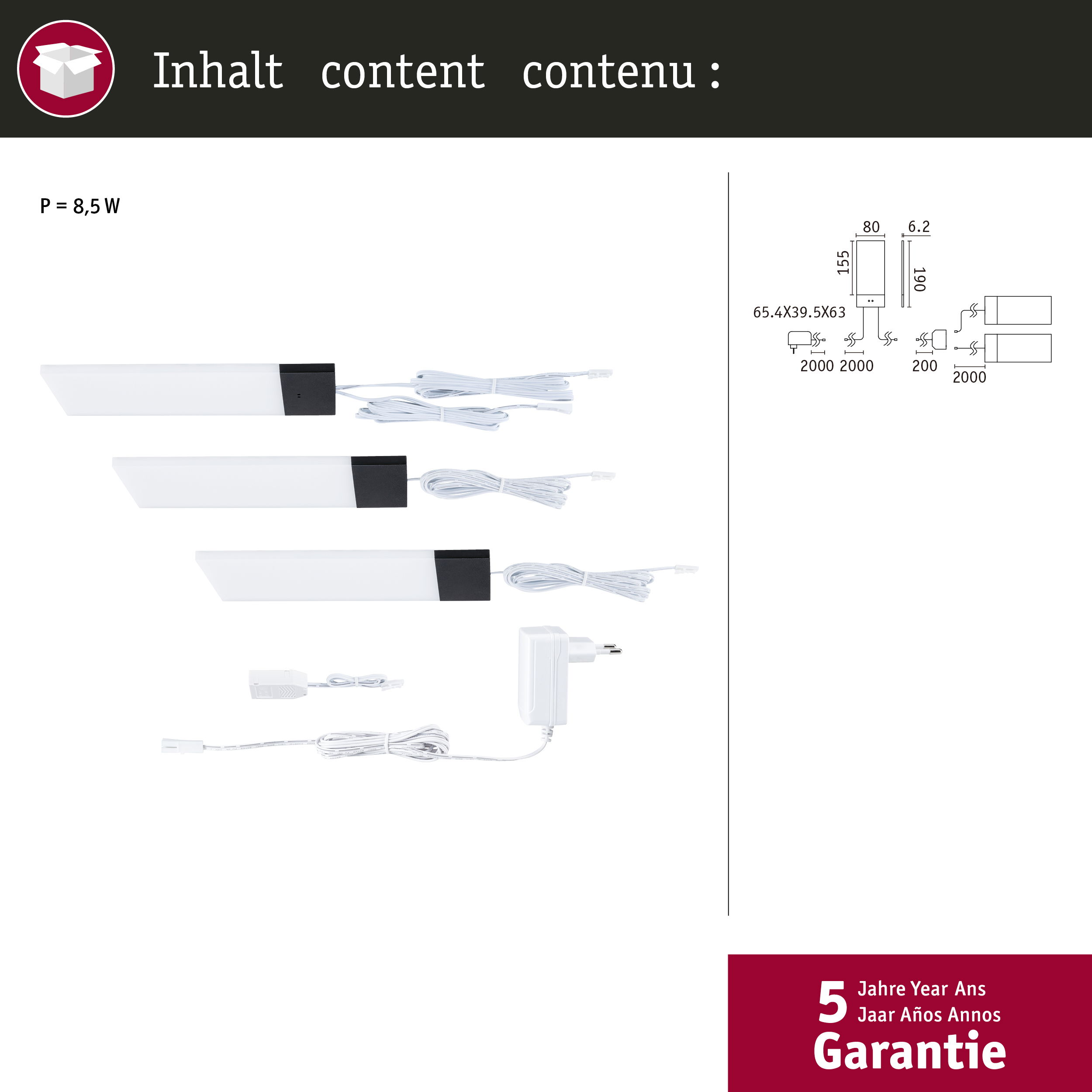 Trzy białe lampy LED z czarnymi końcówkami, kablami i zasilaczem.
