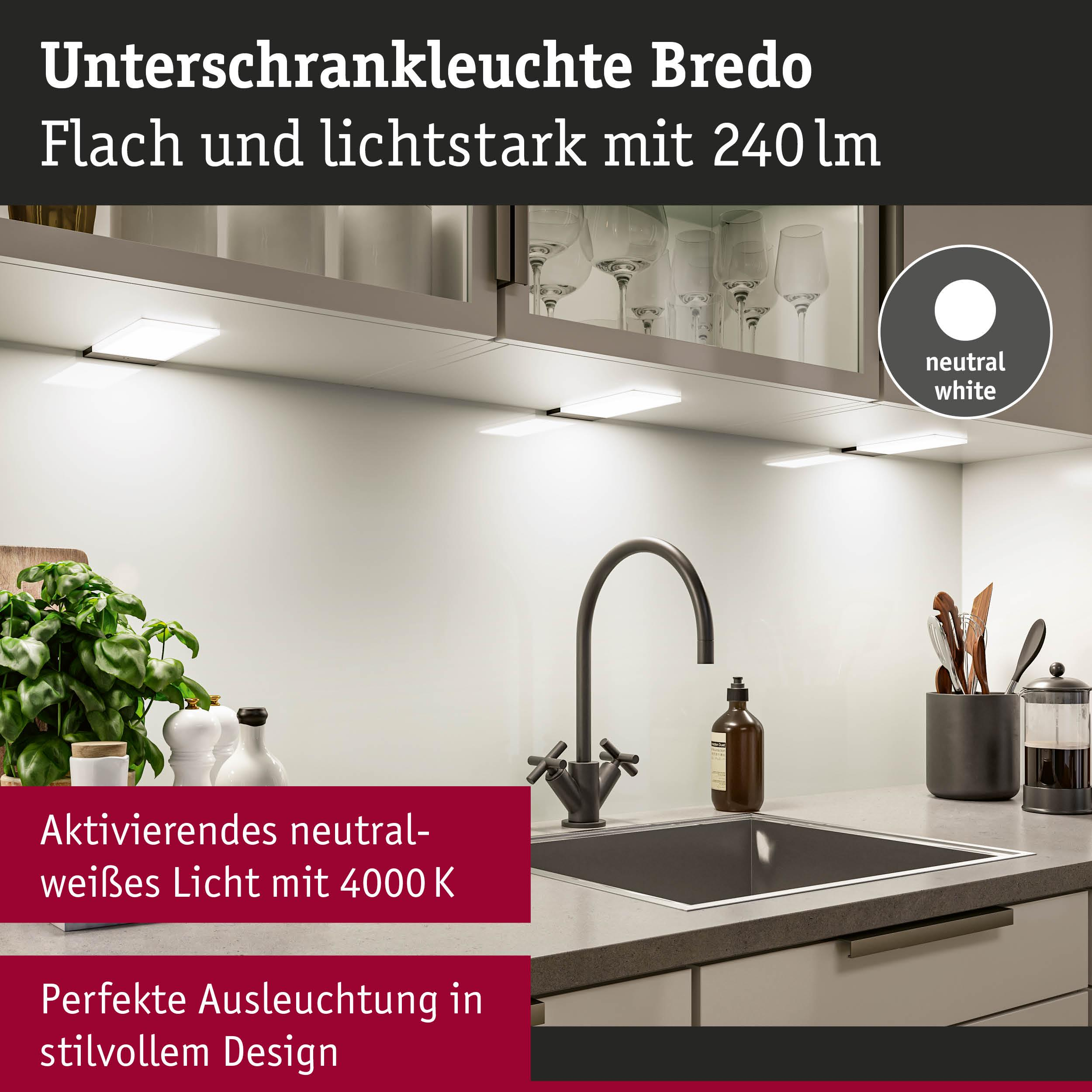 Unterschrankleuchte Bredo beleuchtet Küche mit neutralweißem Licht.