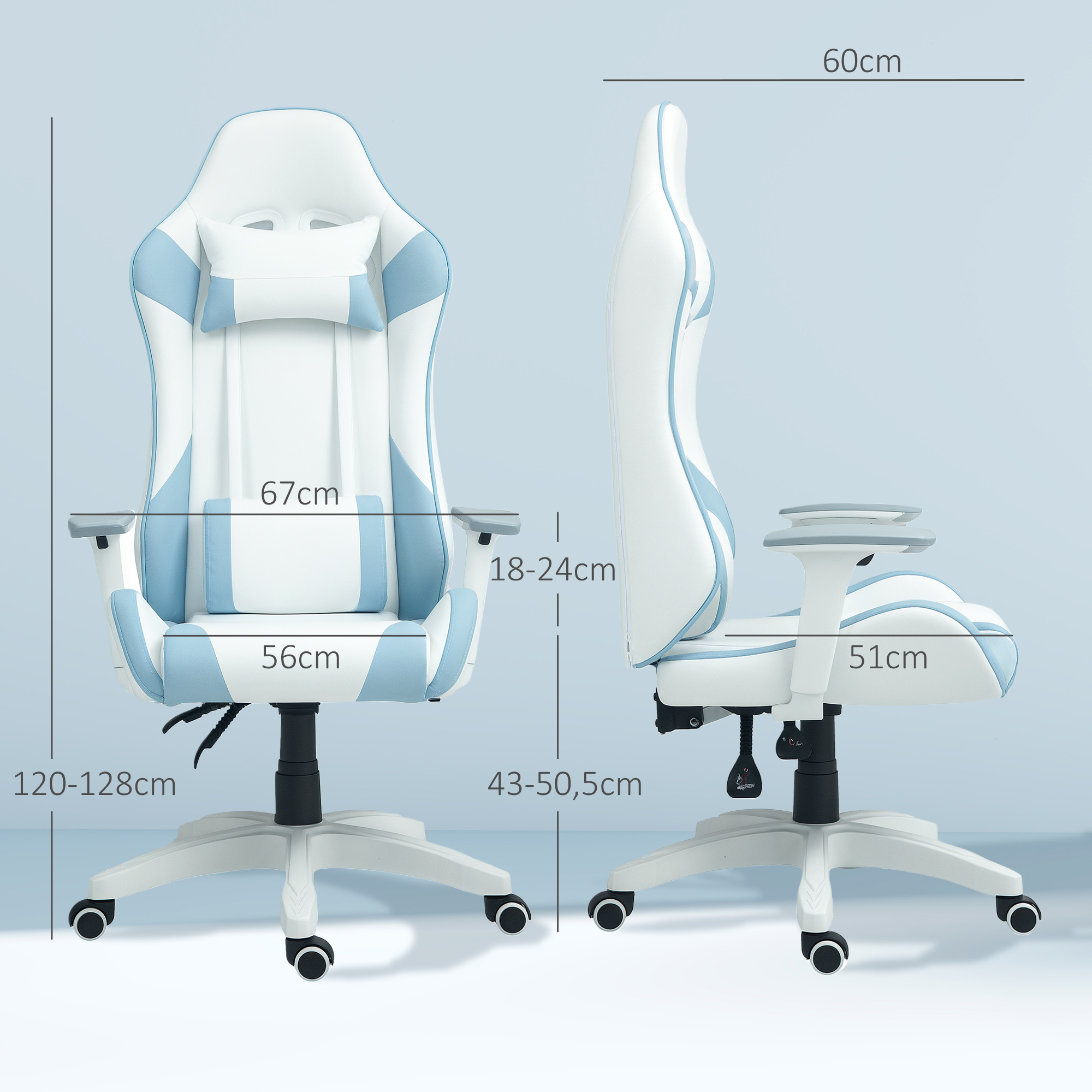 Silla gamer blanca con detalles azules, vistas lateral y frontal con medidas.