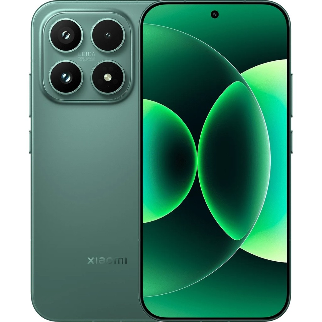 Dörtlü Leica kameraya ve yeşil arka plana sahip yeşil Xiaomi akıllı telefon.