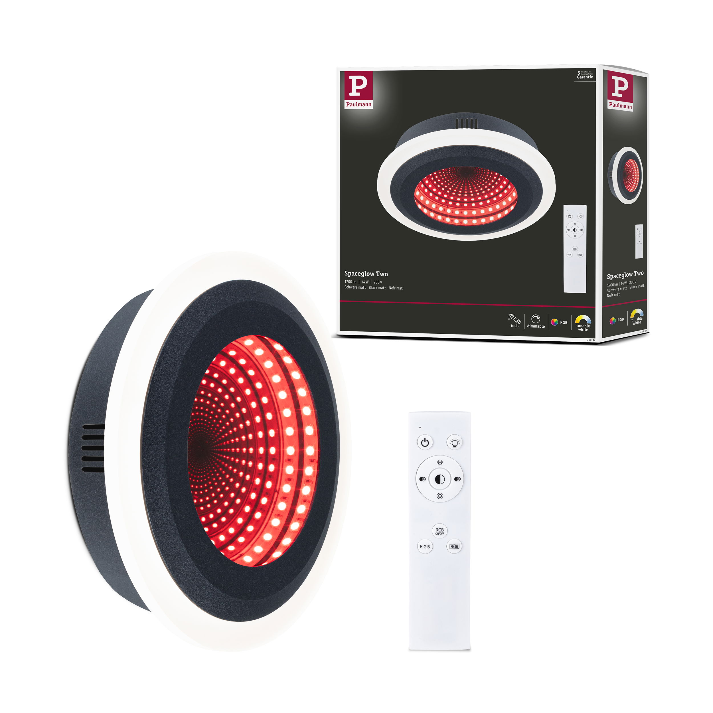 Lampa Paulmann Spaceglow Two z pilotem i opakowaniem.