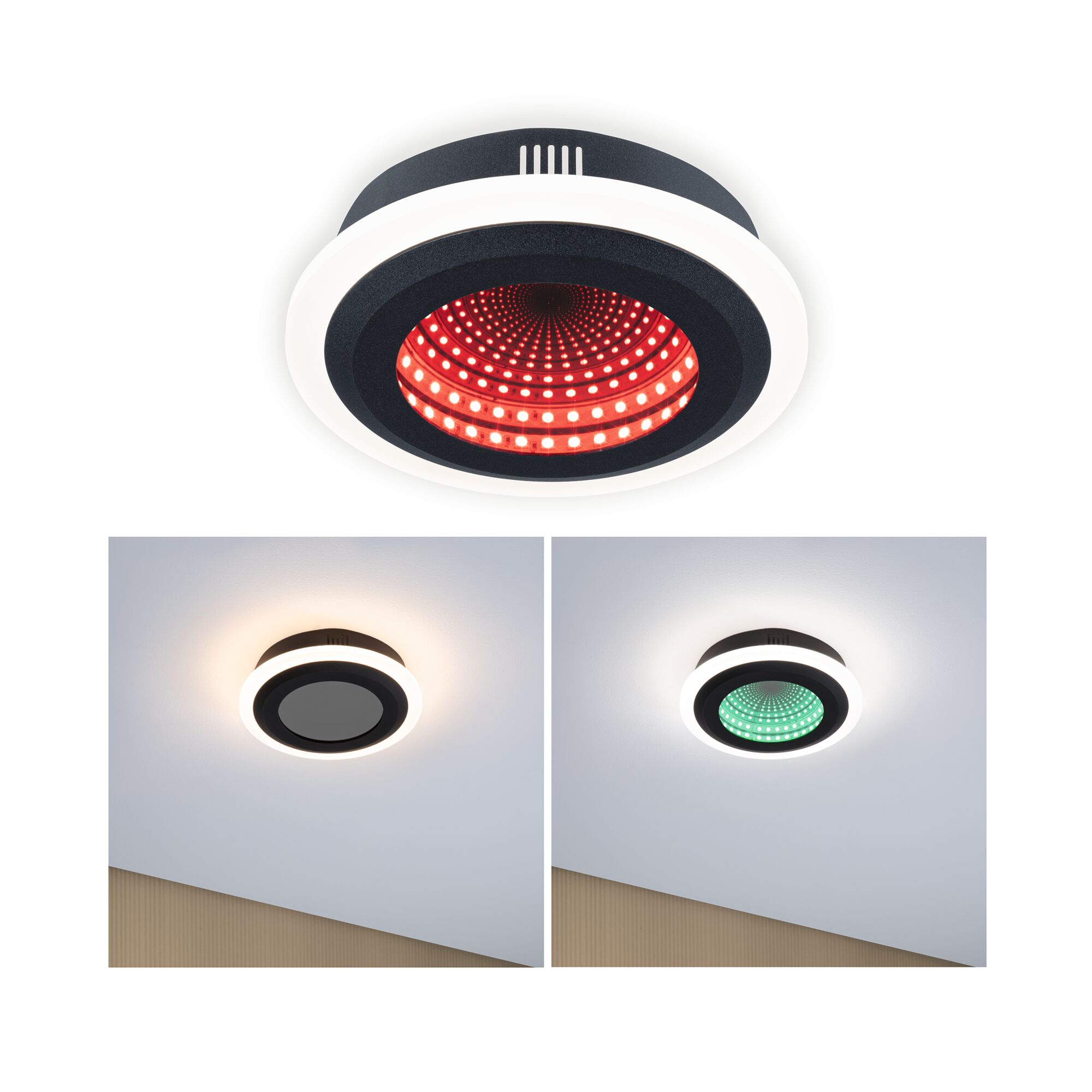 Okrągła lampa sufitowa z pierścieniami białych i czarnych świateł.