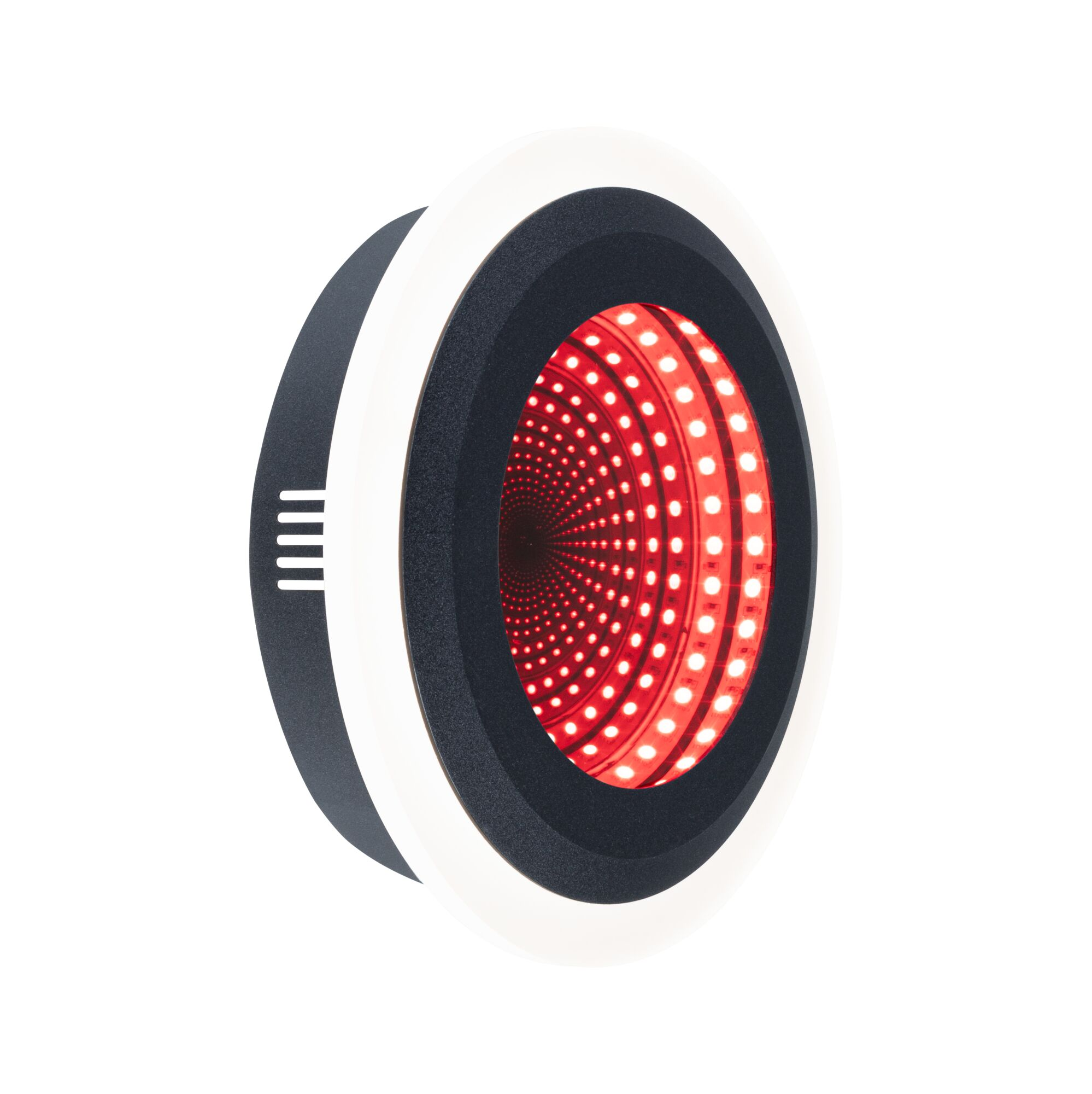 Okrągła oprawa oświetleniowa z czerwonymi diodami LED tworząca efekt nieskończonego lustra.
