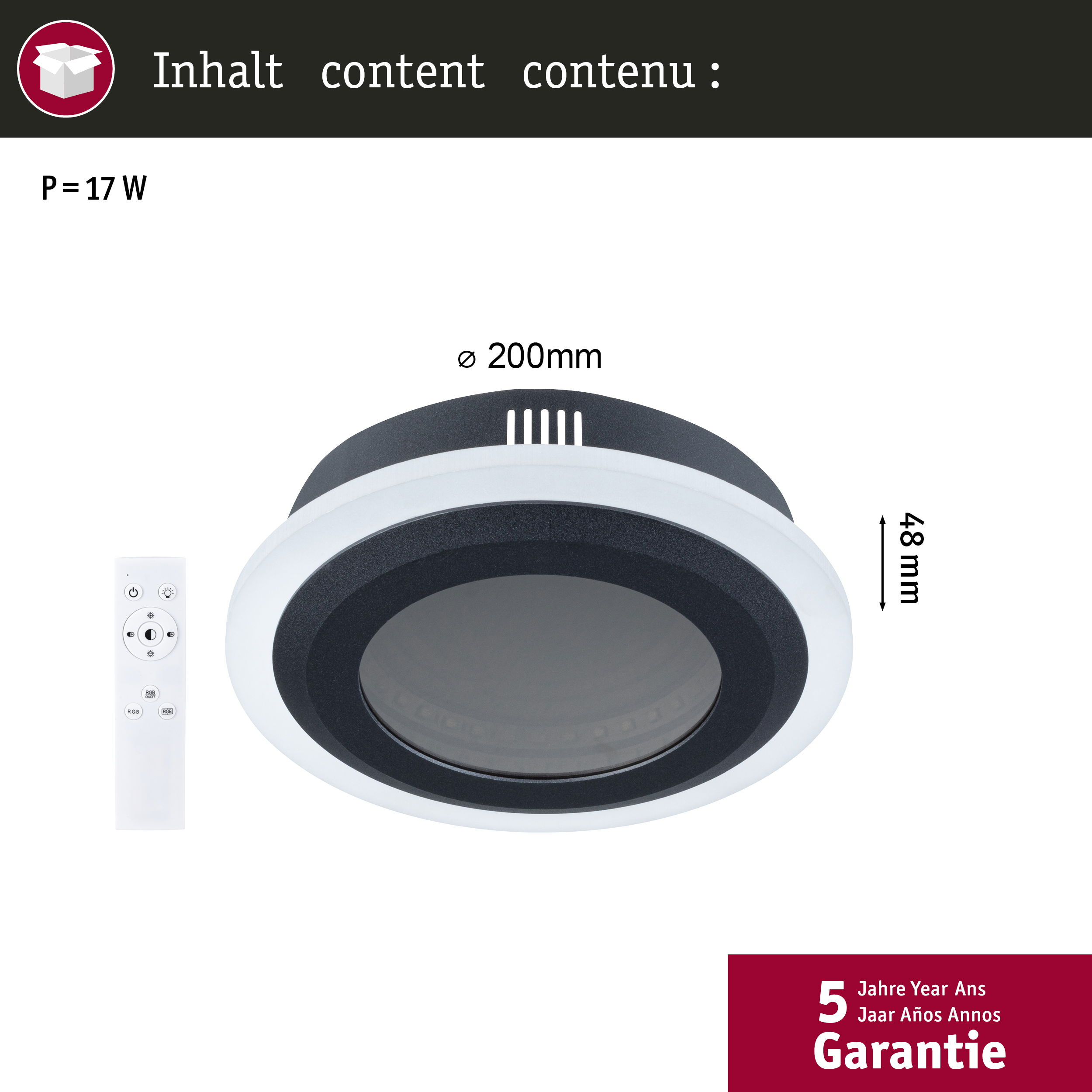 Okrągły reflektor sufitowy (Ø 200mm, 48mm wysokości) z pilotem i 5-letnią gwarancją.