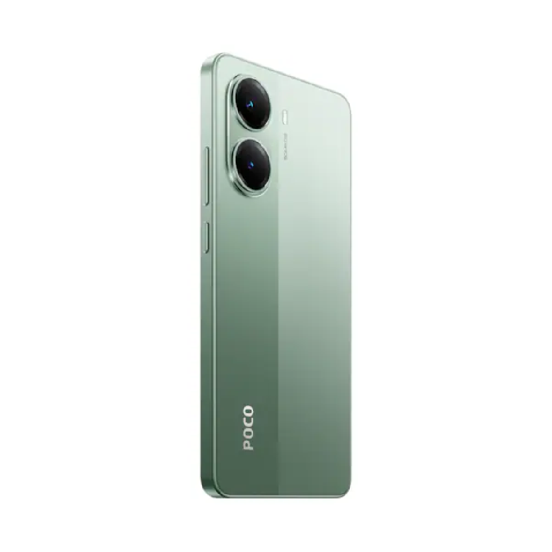 Un smartphone verde con cámara dual y logo 'POCO' se muestra de espaldas.