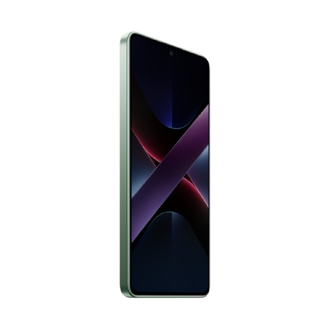 Un smartphone delgado, verde claro, con pantalla oscura que muestra un patrón abstracto.