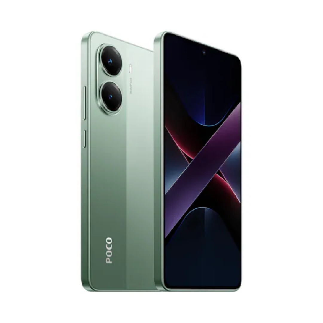 Un smartphone verde con dos cámaras traseras y pantalla encendida.