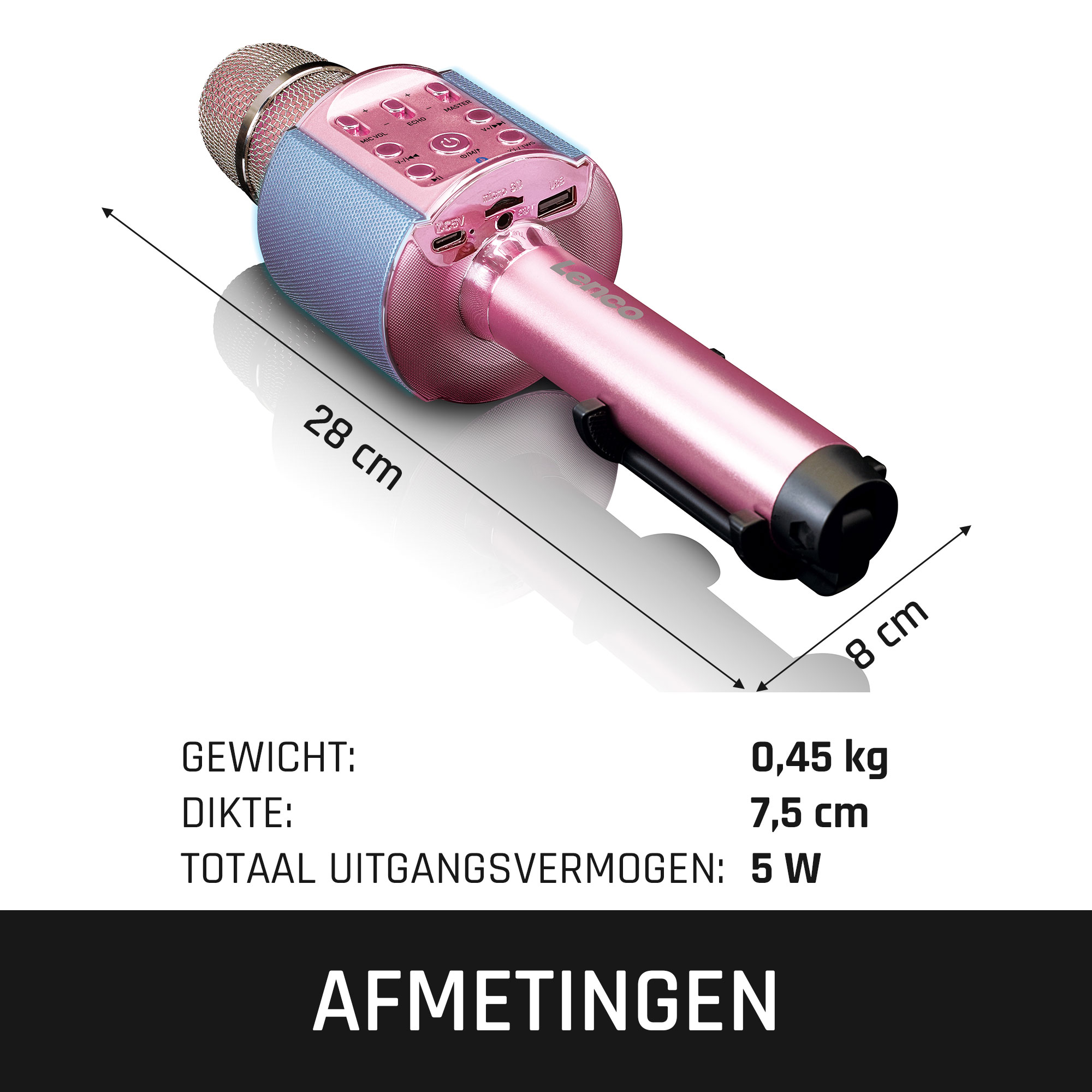 Ein rosa Mikrofon mit Lautsprecher, 28 cm lang, 8 cm dick, 0,45 kg schwer.