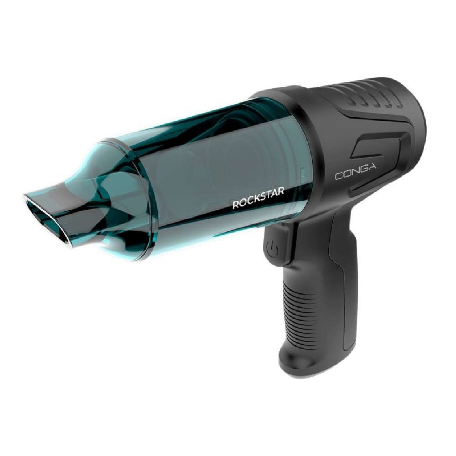 Ein schwarzer Haartrockner mit einem transparenten blauen Rohr und der Aufschrift ROCKSTAR.