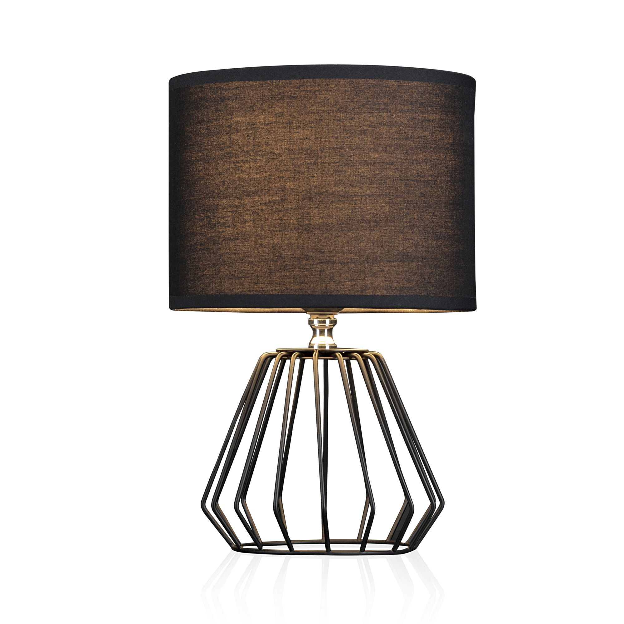 Czarna lampa stołowa z cylindrycznym kloszem i geometryczną drucianą podstawą.