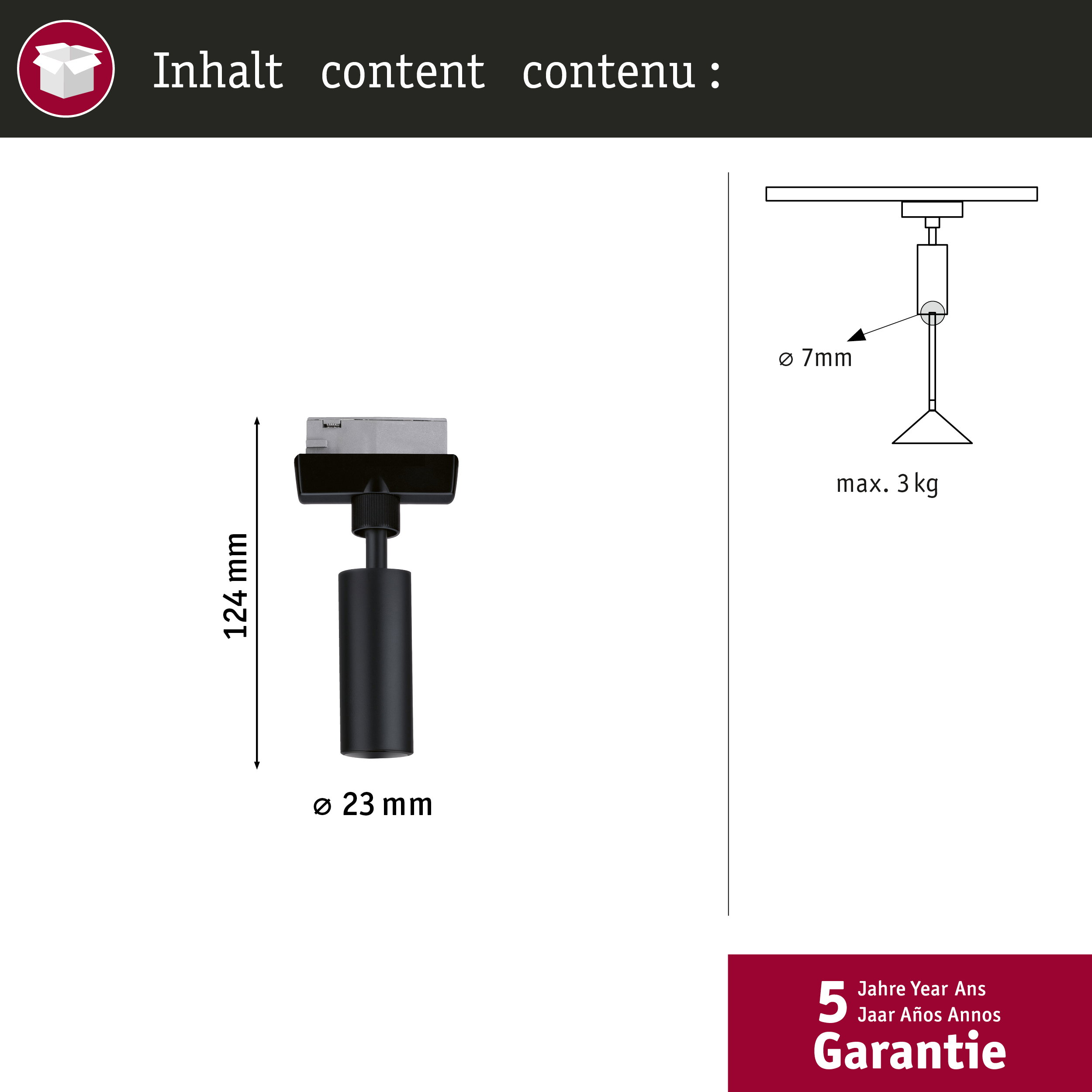 Rysunek techniczny czarnego uchwytu lampy z wymiarami i udźwigiem.