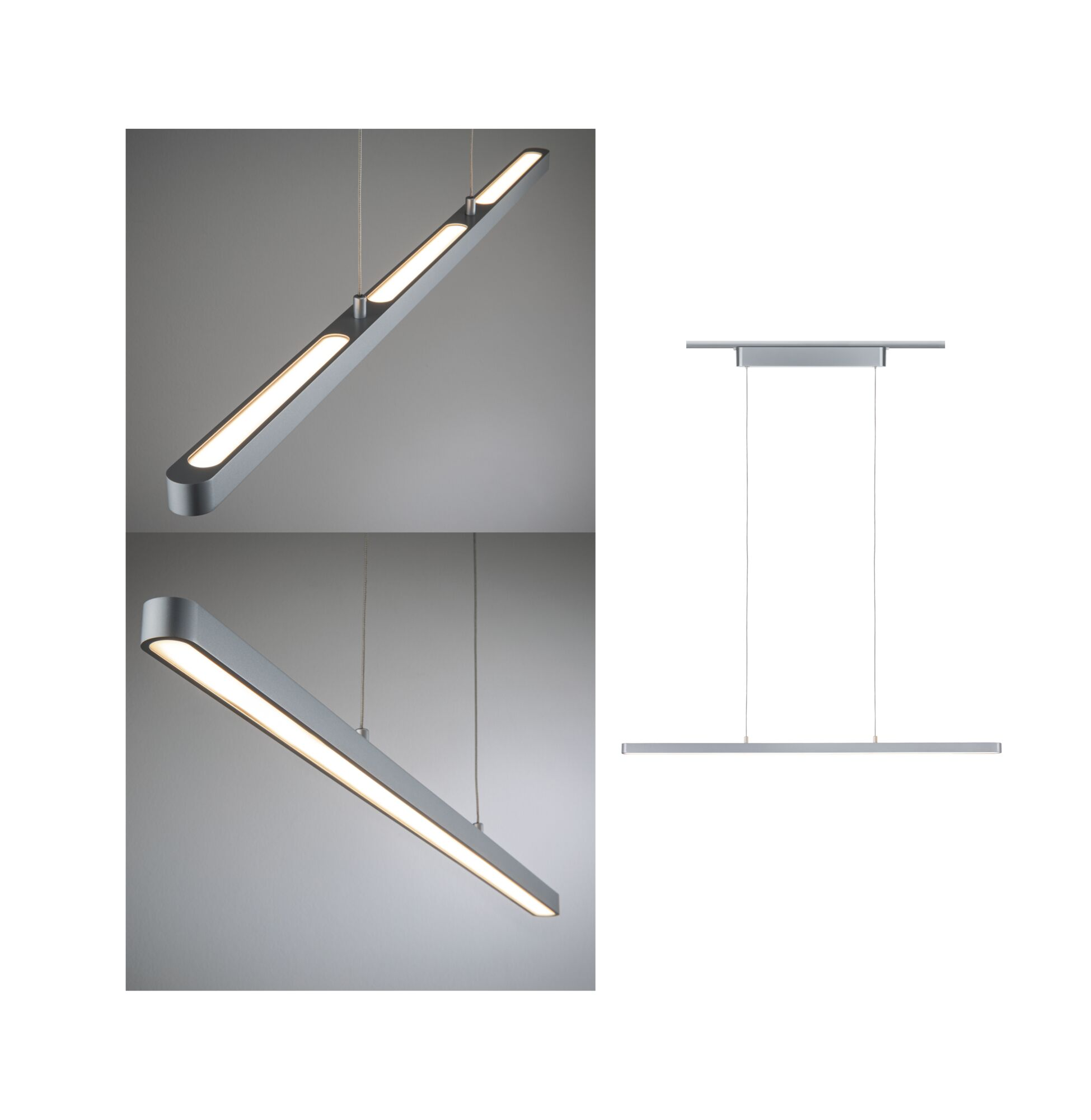Un'elegante lampada a sospensione argentata con tre luci su sfondo grigio.