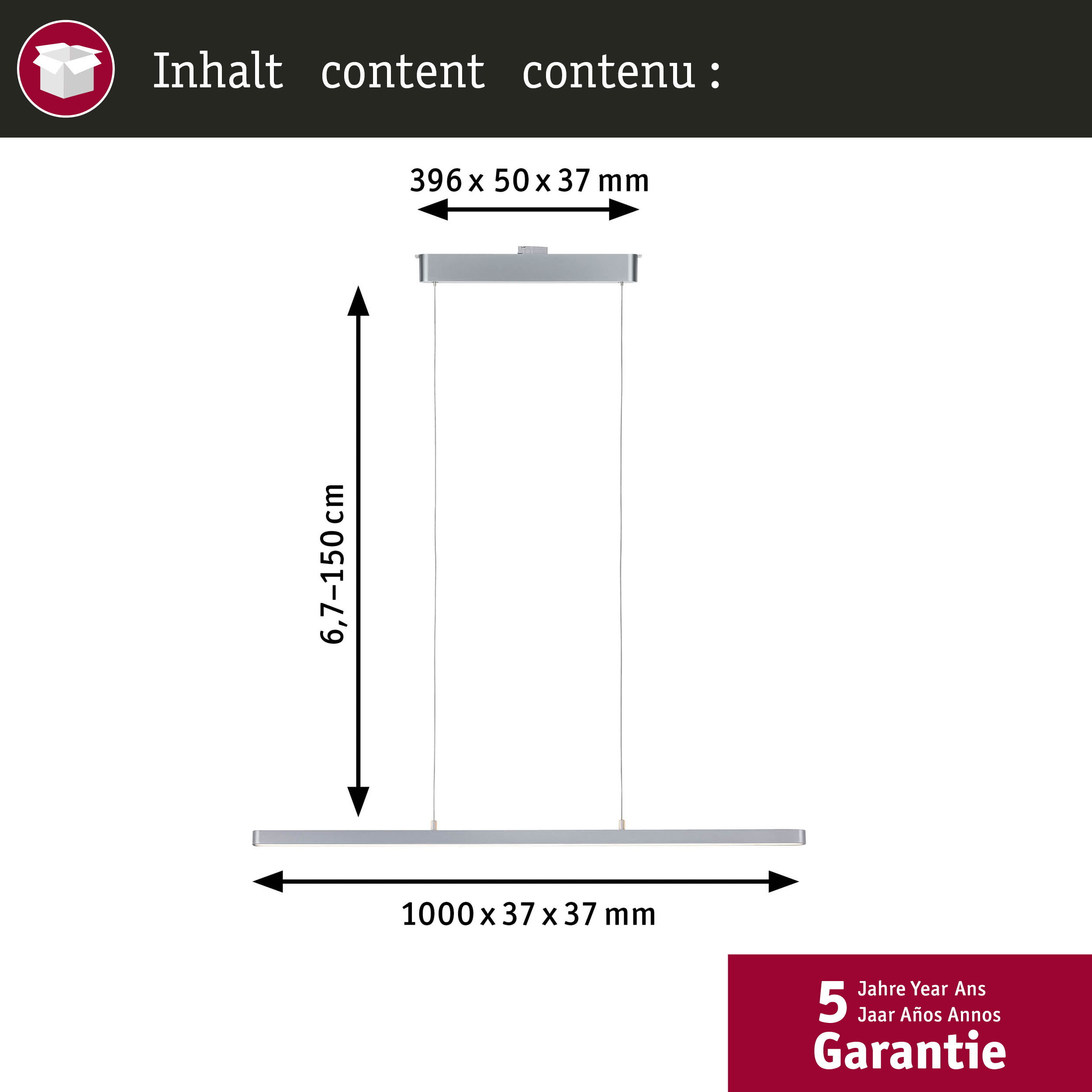 Un lampadario di dimensioni 1000x37x37mm, altezza 6,7-150cm, larghezza 396mm.