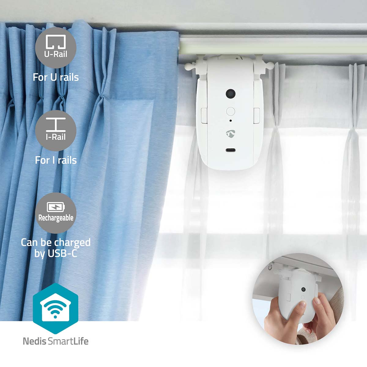Un apri-tenda bianco per binari a U e I, ricaricabile tramite USB-C.