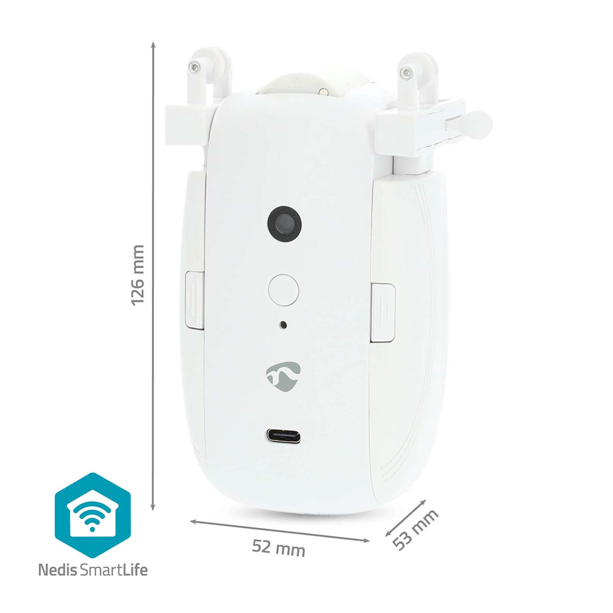 Dispositivo bianco per smart home, dimensioni 126x52x53 mm.