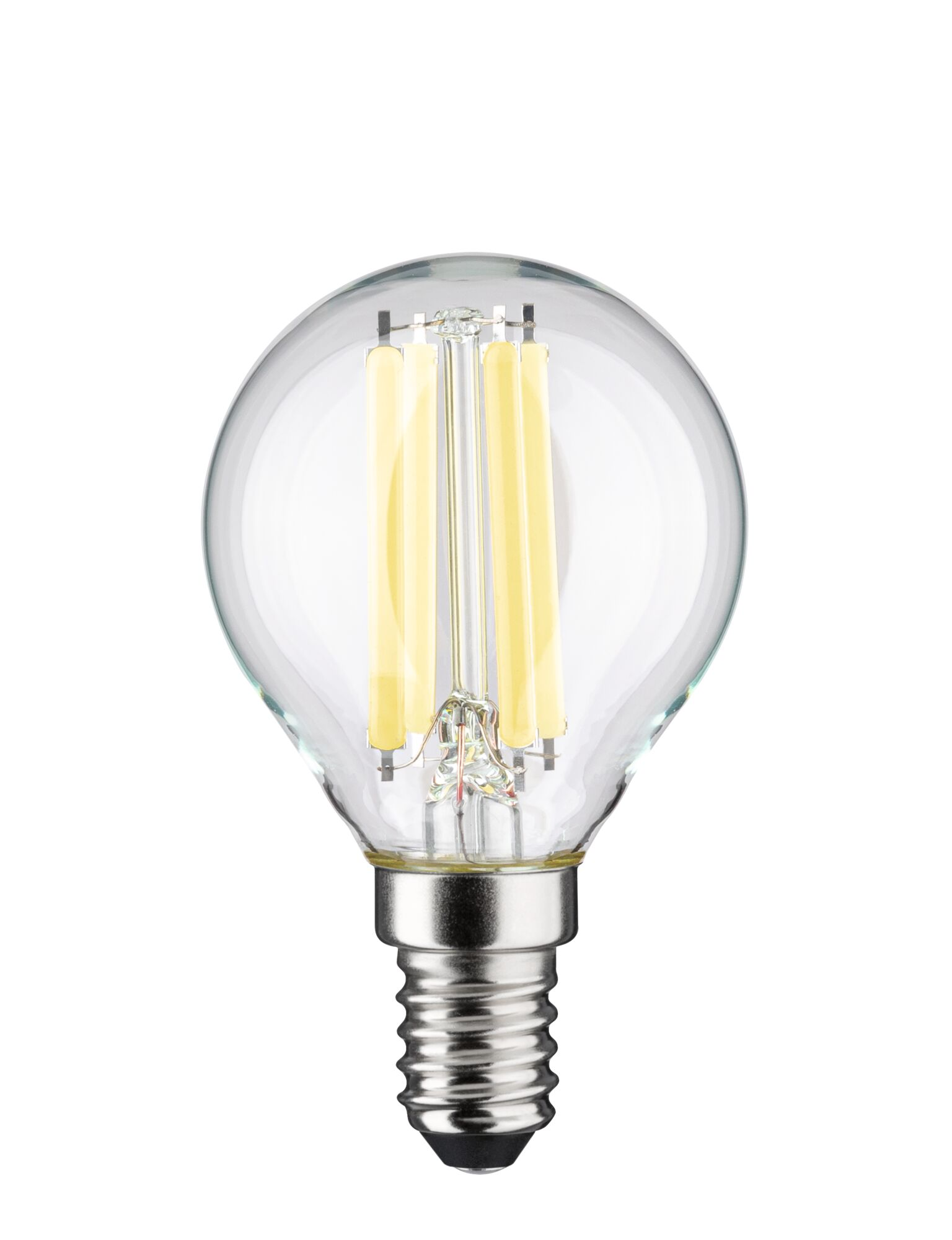Eine klare Glühbirne mit silbernem Gewindesockel und vier gelben LED-Stäben.