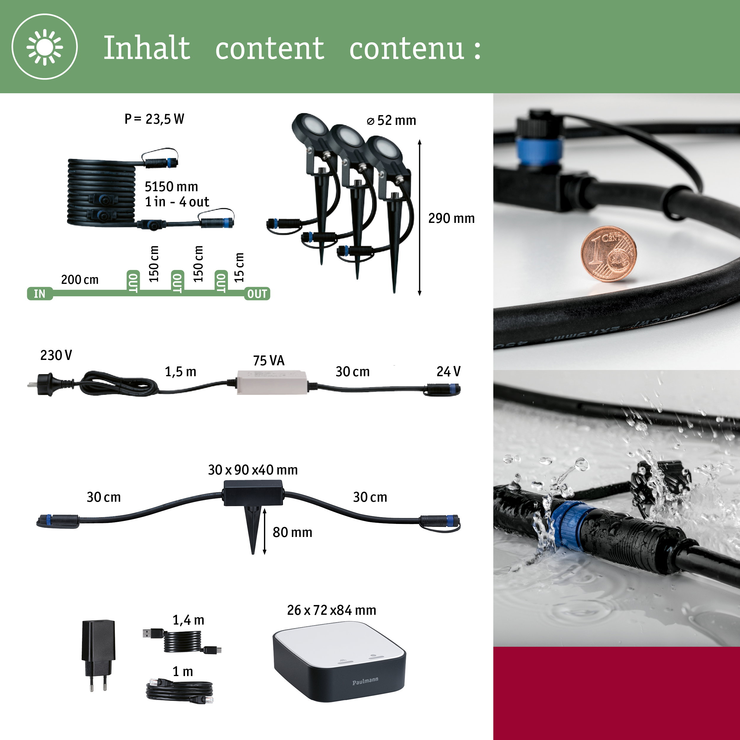 Przegląd produktu z elementami oświetlenia zewnętrznego, kablami i zasilaczem.
