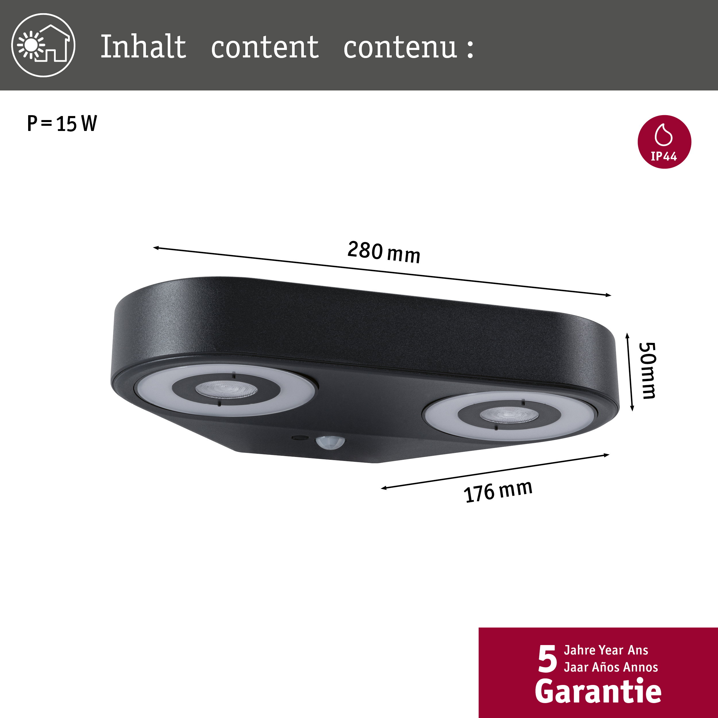 Czarna lampa ścienna z dwoma światłami, dł. 280mm, wys. 50mm.