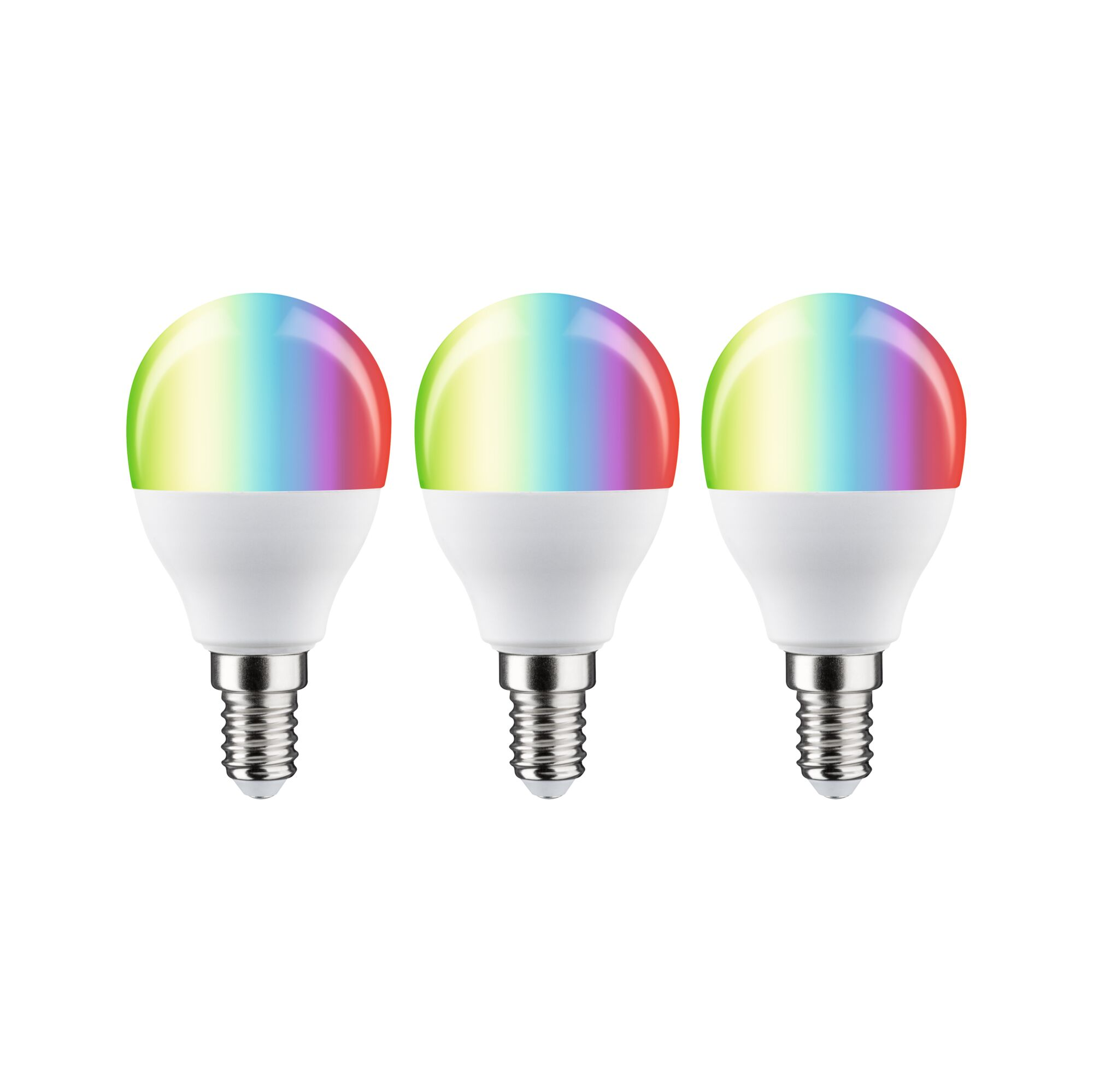 Drei smarte Glühbirnen mit Regenbogenlicht auf weißem Hintergrund.