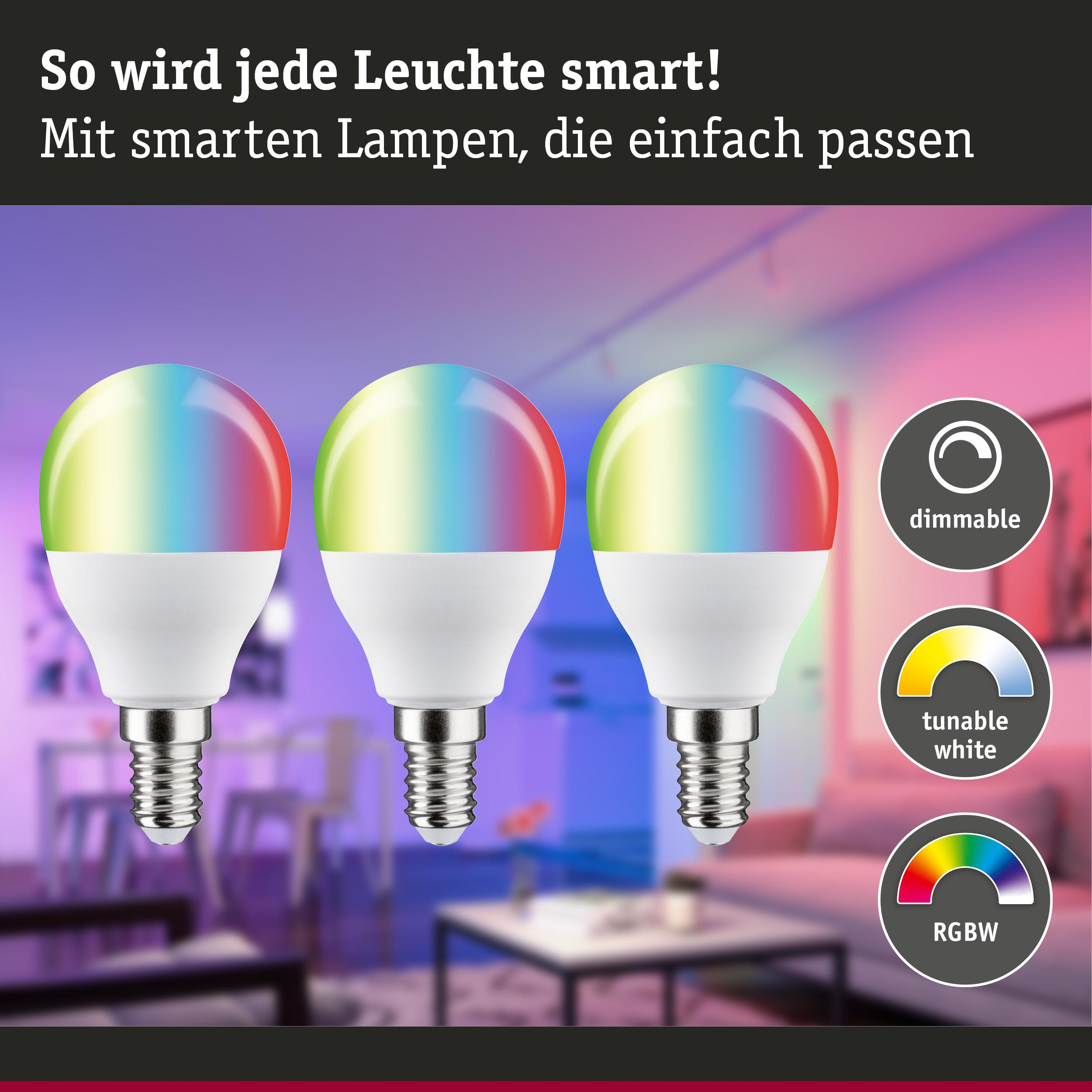 Drei smarte Glühbirnen mit RGBW-Farben, dimmbar und einstellbar.