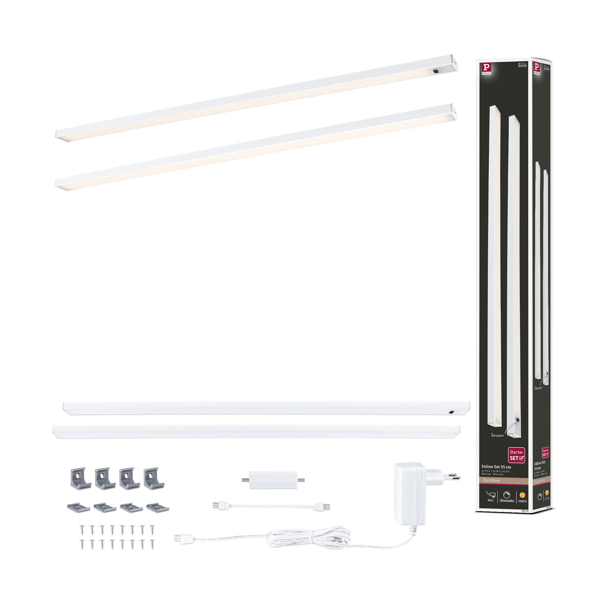 Dwa białe paski LED, akcesoria montażowe, zasilacz i kable na białym tle.