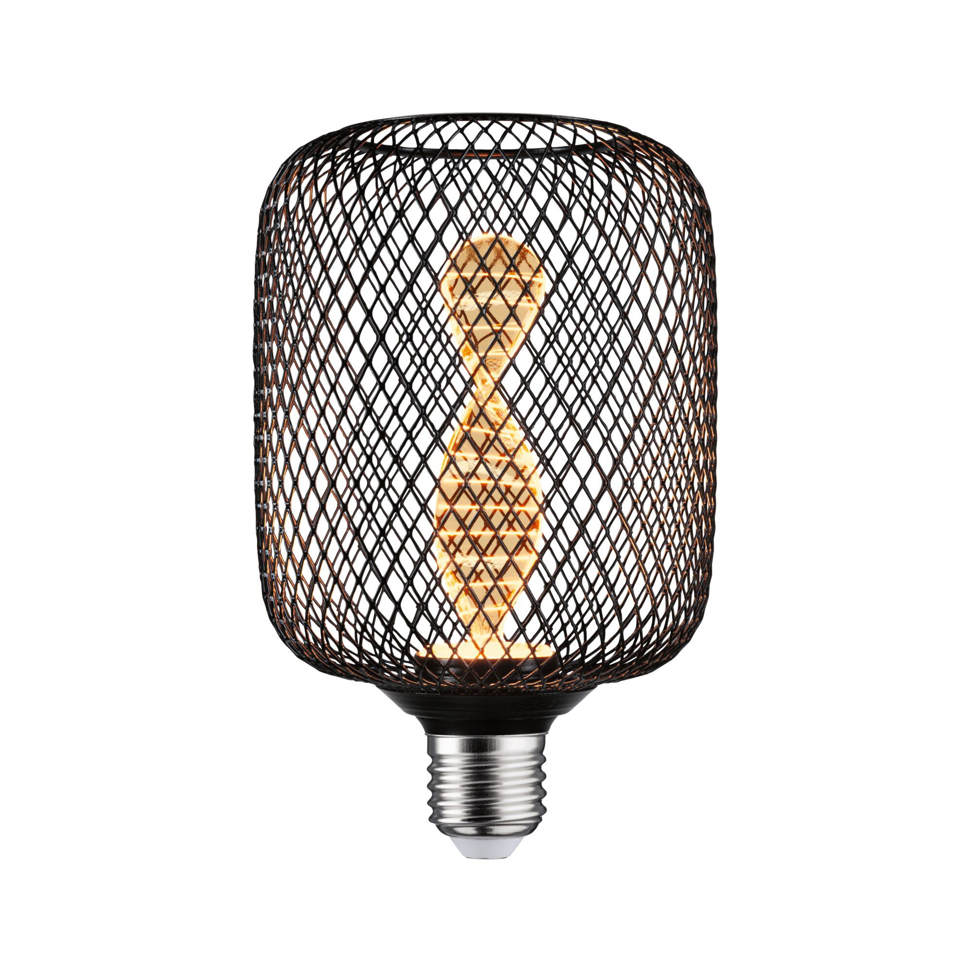 Czarna żarówka w kształcie klatki z zakręconym żarnikiem, na białym tle.