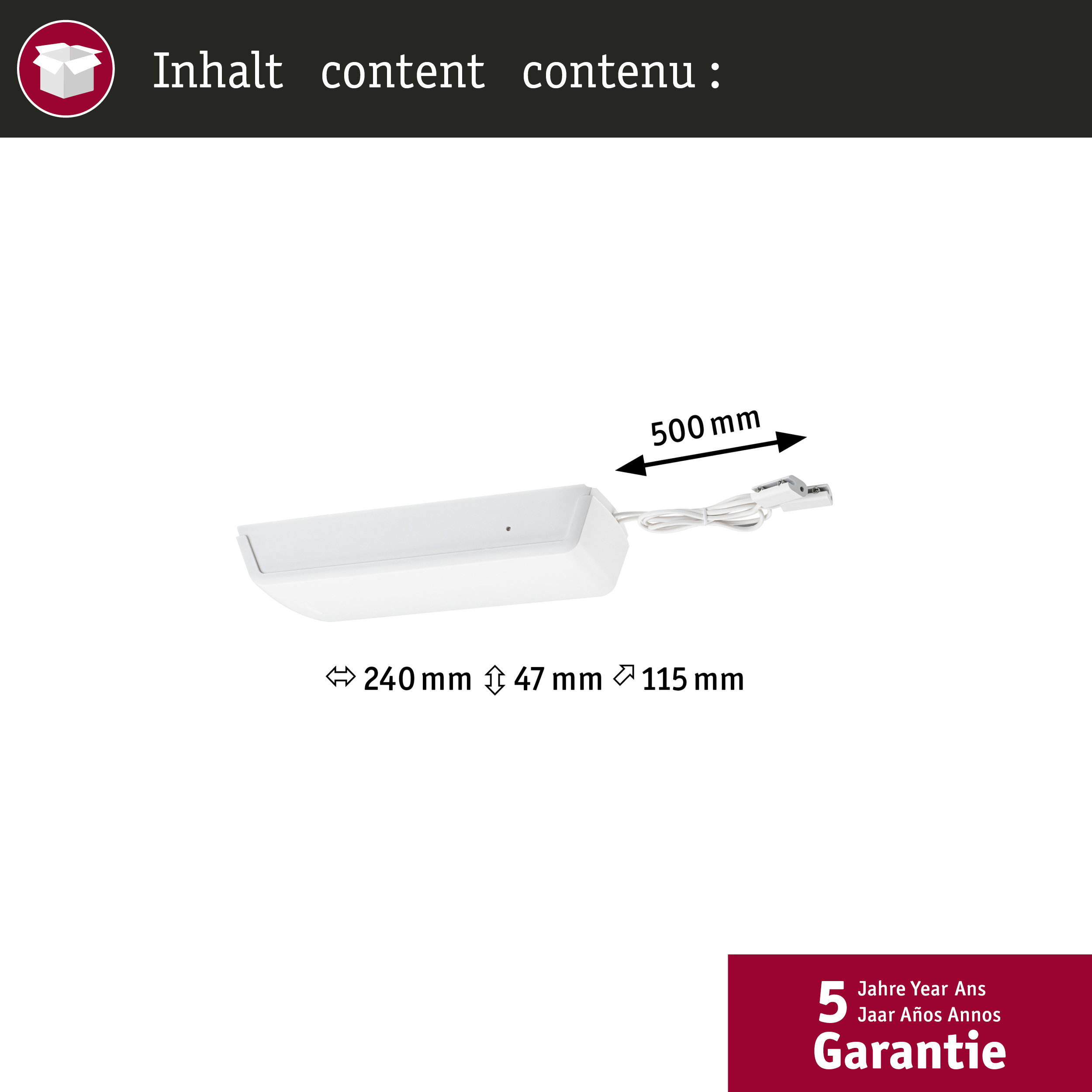 Ein weißes Licht mit Maßen 240x47x115 mm und 500 mm Kabel.
